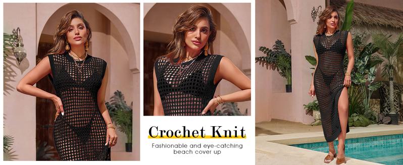 Saodimallsu Womens Crochet Swimsuit Coverup Summer Sleeveless Hollow Out Knit Crewneck Side Split Long Beach Dress