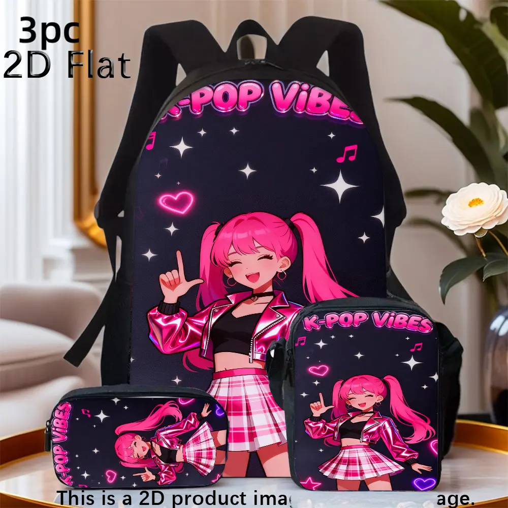 3pcs Travel Bag Luggage Bag Pop Star A Hand Washable Backpack Set Made of Casual Polyester for Students. It Includes a School Bag, a Messenger Bag, and a Pencil Case, All with a Zipper Closure.