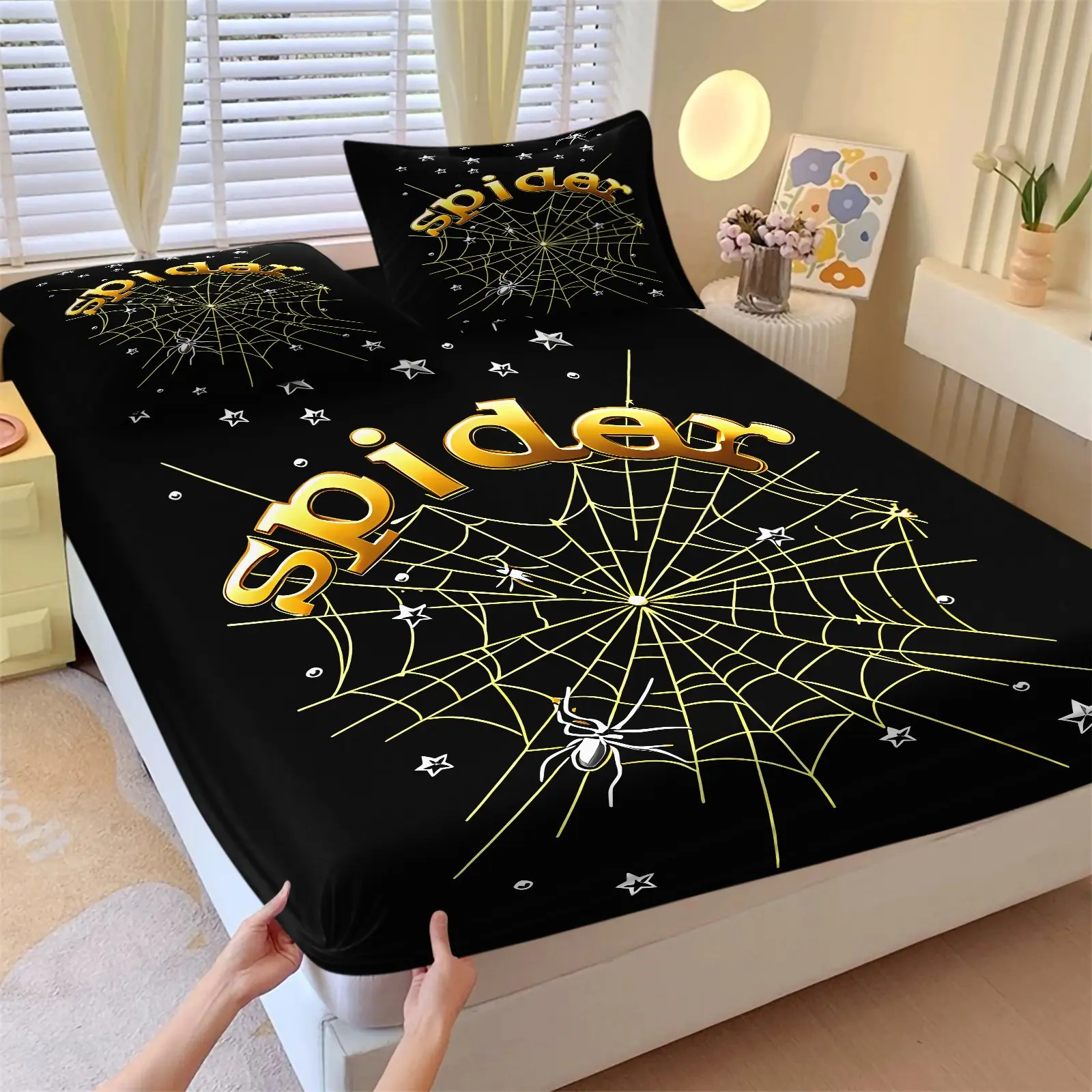 Spider Web Star Letter Spider Fitted Sheet Set & 2 Pillowcases, Gold Base Gold Spiderweb Silver Star Print, Soft Non-Slip Deep Pocket Design, Luxury Dark Cool Teens Bedroom Dorm Halloween Theme Room Decor