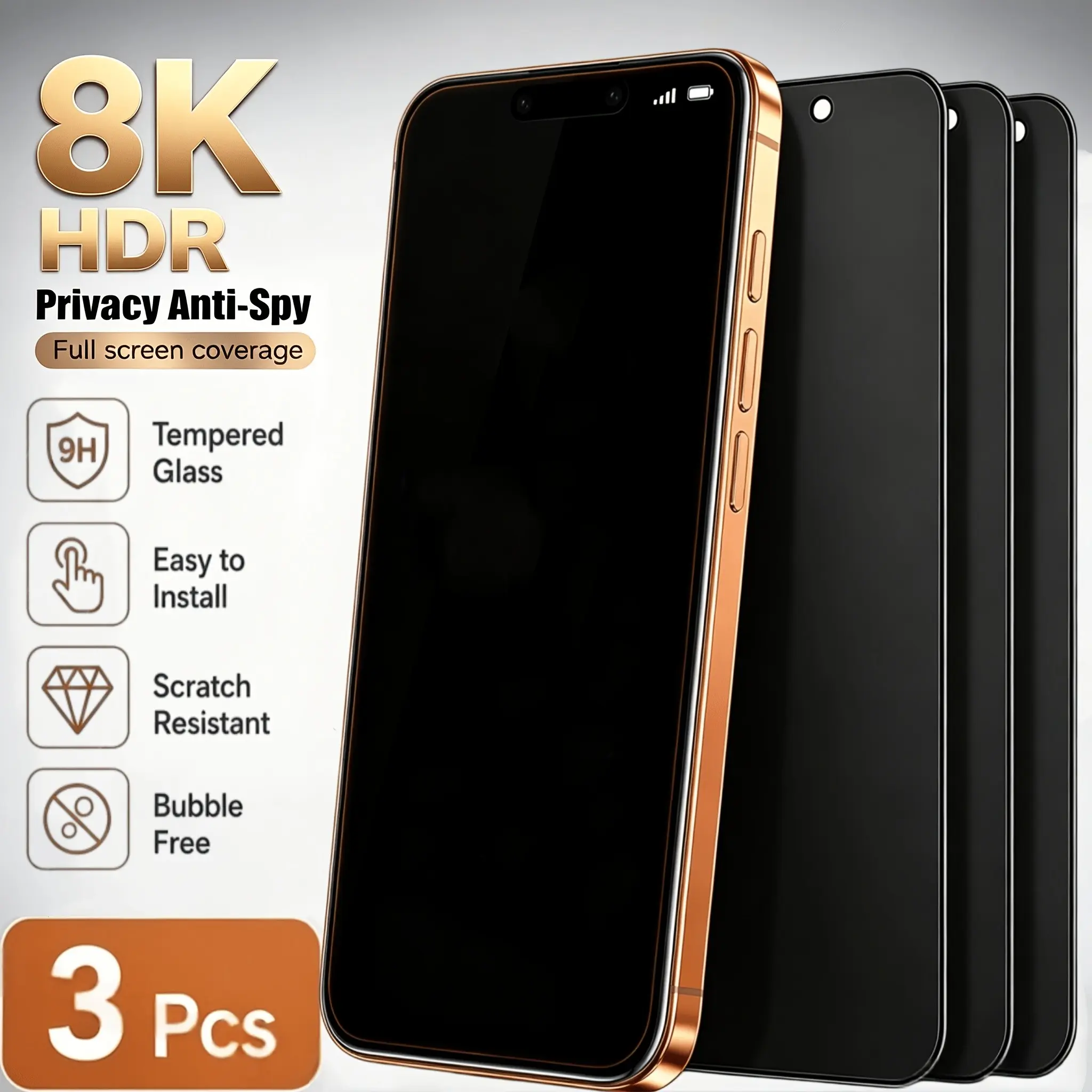 3-Pack 8k Ultra-Clear Full Screen Anti-Spy Tempered Glass Film, 9h Hardness Scratch-Resistant, Bubble-Free Privacy Screen Protector