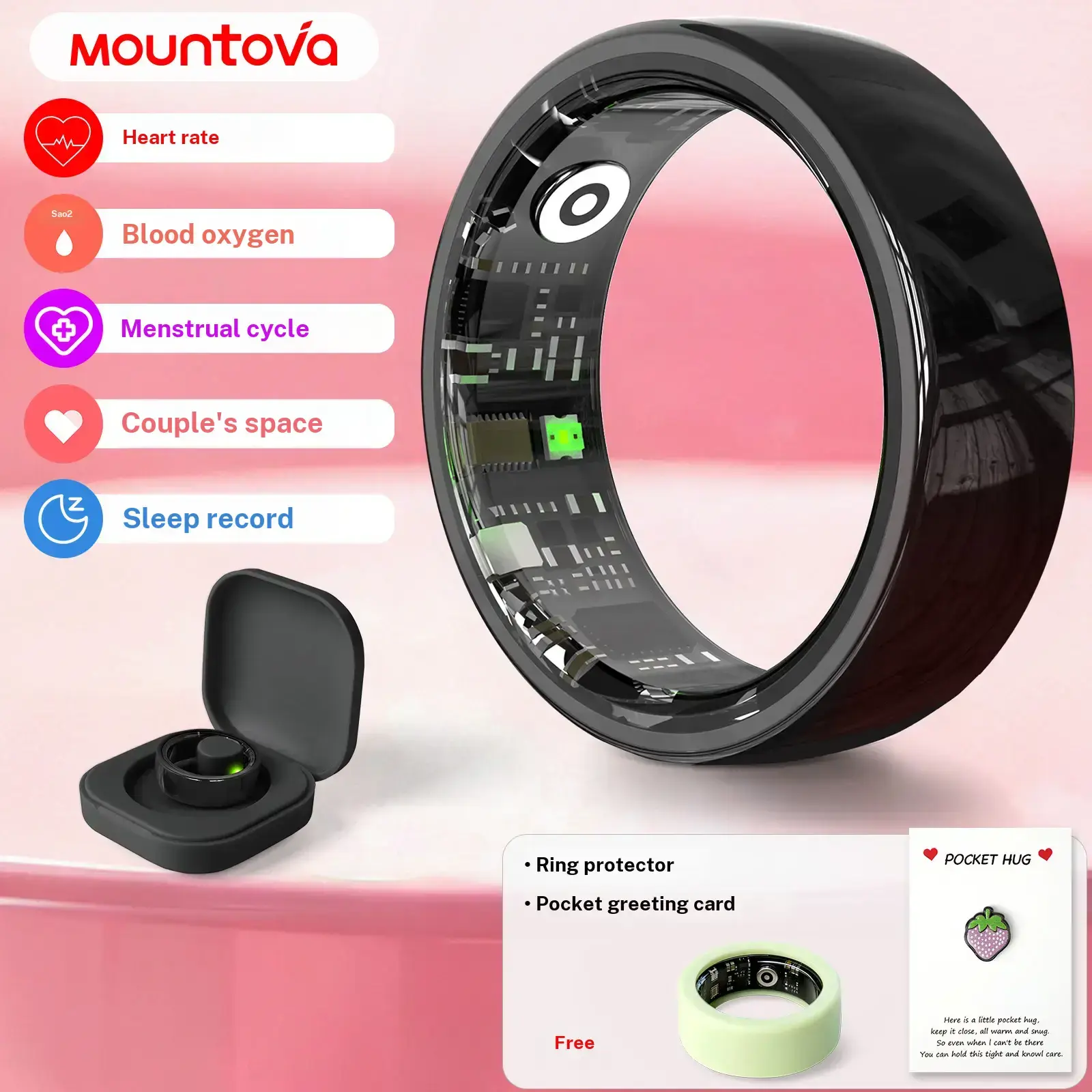 T3 Black Ceramic Smart Ring Digital Fitness Tracker - IP68 Waterproof Wearable Tech Gadget, Wireless Fitness Tracker for Men & Women, Heart Rate, Sleep, Stress & Women's Cycle Tracking, Portable Charging Case, Android Compatible Couple Wellness Gift