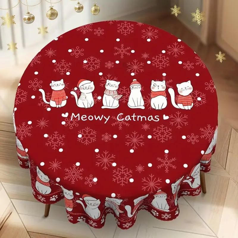 2D Flat Party Tablecloth 1pc, Christmas Round Tablecloth, Cute Cat Pattern, Winter Snowflake Holiday Decor, Perfect Gift, No Power Needed