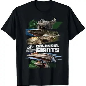 Jurassic World Colossal Giants Vertical Multi Giant Dinosaur Realistic Print T-Rex Mosasaurus Spinosaurus Pterosaur Raptor Distressed Brush Stroke Jungle Ocean Sky Movie Graphic T-Shirt Men Crew Neck Short Sleeve Black Tee Dino Fan Comic Convention Outdoo
