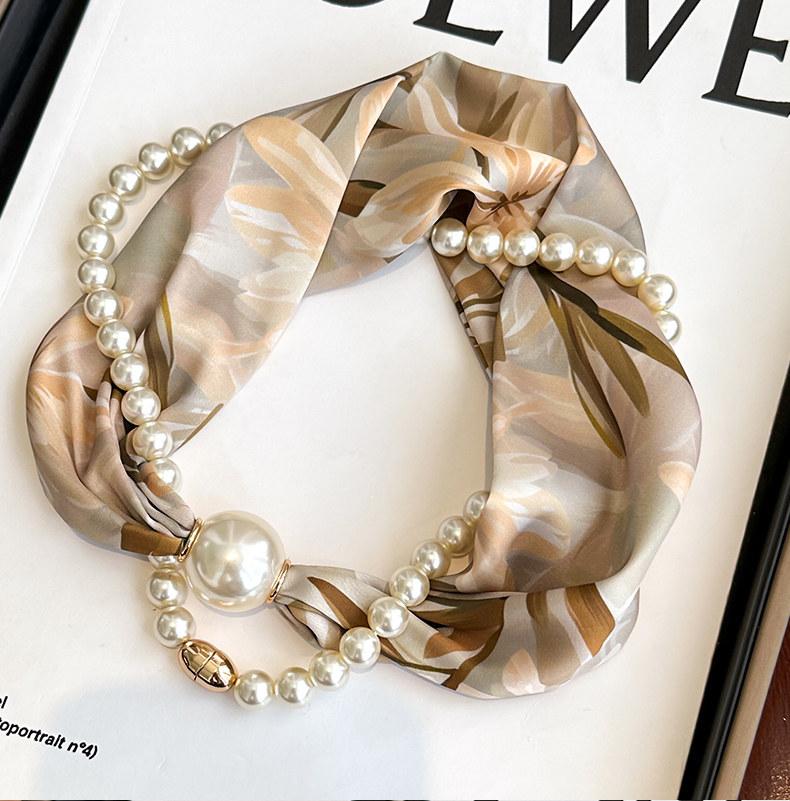 Boho Pearl Chain Scarf Necklace, Black White Rose Print Silk Scarf, Unique Neck Jewelry for Women Gift for Her