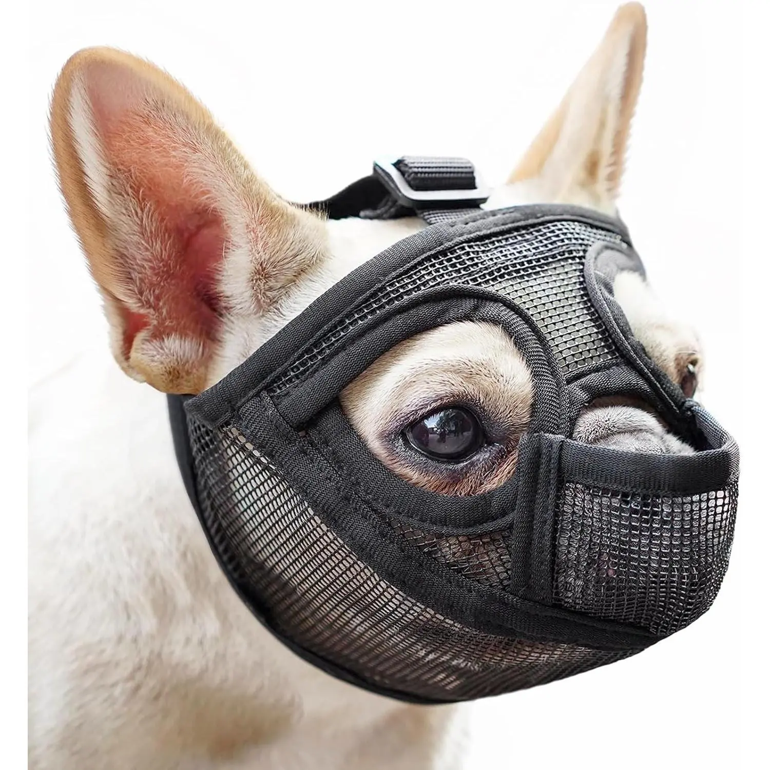 Mesh Short Snout Dog Muzzle with Anti-Eating Design for Frenchie | Fits French Bulldog Pug English Bulldog, Prevent Scavenging, Walking Grooming Use , Allows Full Panting Drinking | Black, S