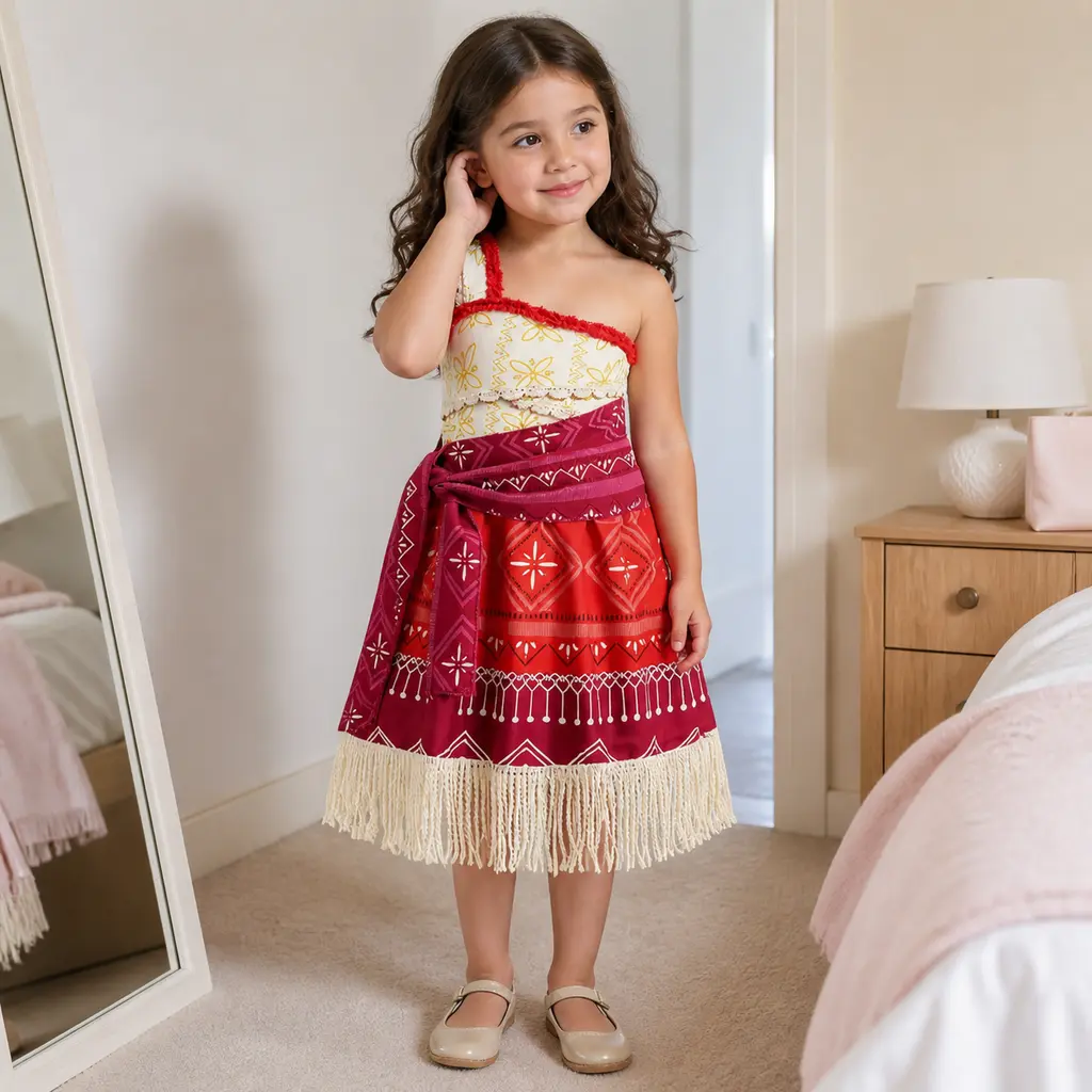 Girls Island Princess Inspired One Shoulder Dress with Red Printed Skirt and Fringe Hem Costume Outfit