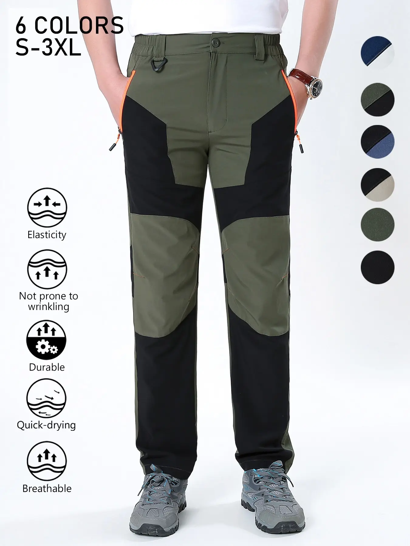 Men's Color Block Quick Dry Hiking Pants, Elastic Waist Breathable Stretch Outdoor Trekking Trousers, Wrinkle Resistant Durable Straight Pants with Zipper Pockets for Mountaineering Cycling Fishing Summer Sports Daily Wear, 6 Colors Available Sizes S-3XL