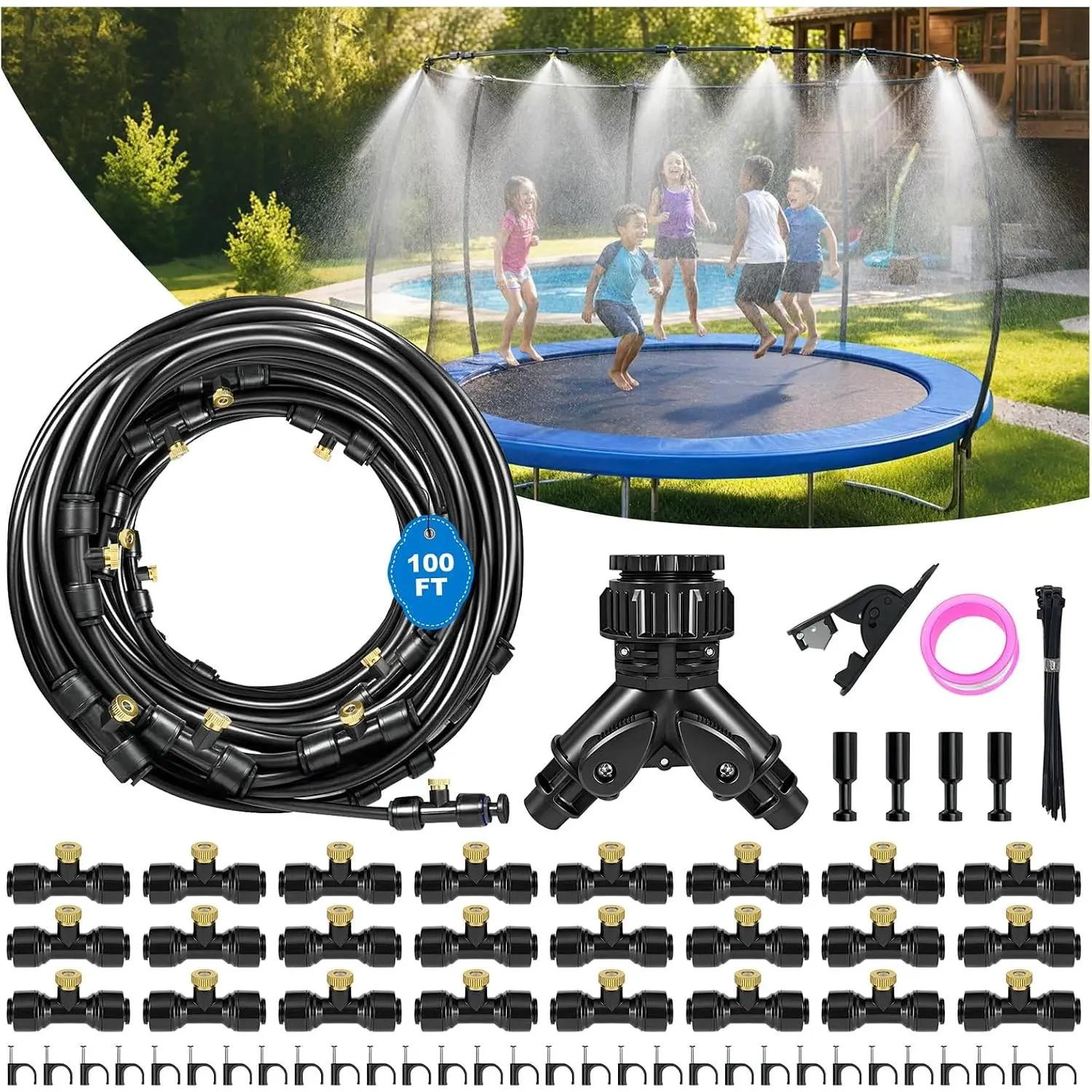 100 FT Dual-Line Misting Cooling Systemwith 24 Brass Nozzles |   Outdoor Water Mister Kit, Misting Hose for Patio, Backyard, Garden, Dog Play Area, Farm, Stable, Outdoor Summer Heat Relief