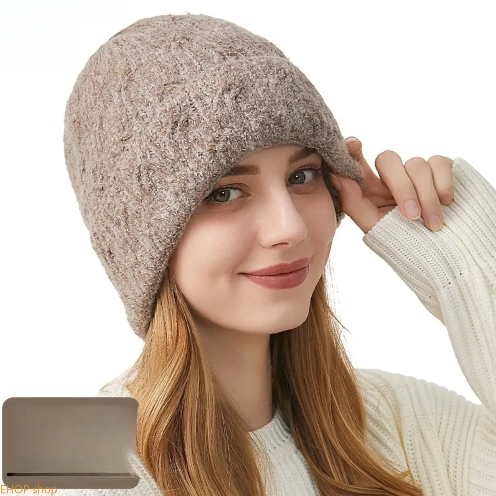 Women's Cable Knit Winter Beanie Hat, Fuzzy Soft Warm Chunky Textured Slouchy Skull Cap, Oatmeal Khaki Thick Baggy Headwear for Cold Weather Sports & Outdoor