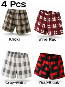 【4-Pack】Men's Plaid Boxer Shorts, Comfortable Sleep Shorts, Loose & Breathable, Lounge Shorts for Home Wear