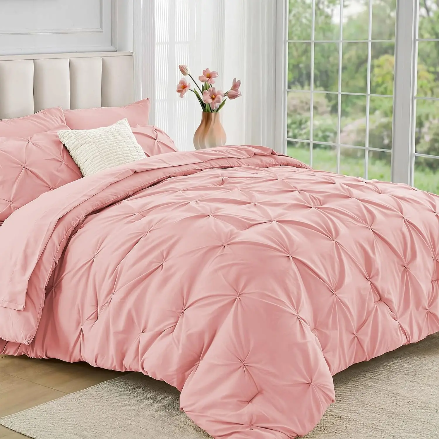 Full Size Comforter Sets 7 Pieces - Bed in a Bag Full for All Season, Pintuck Bedding Comforter Sets with Comforter, Flat Sheet, Fitted Sheet and Pillowcases & Shams, Pink