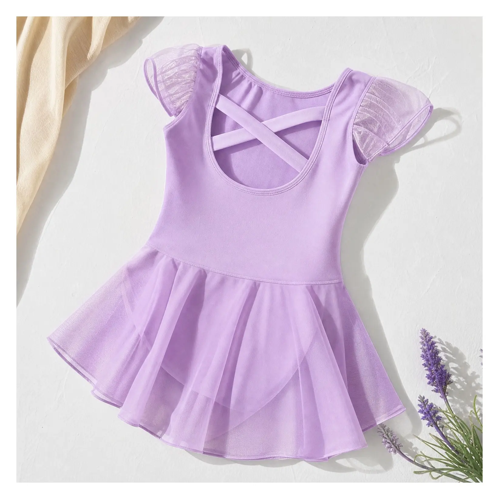 Girls' Toddler Ballet Dance Leotard with Skirt, Flutter Sleeves and Criss-Cross BackGift