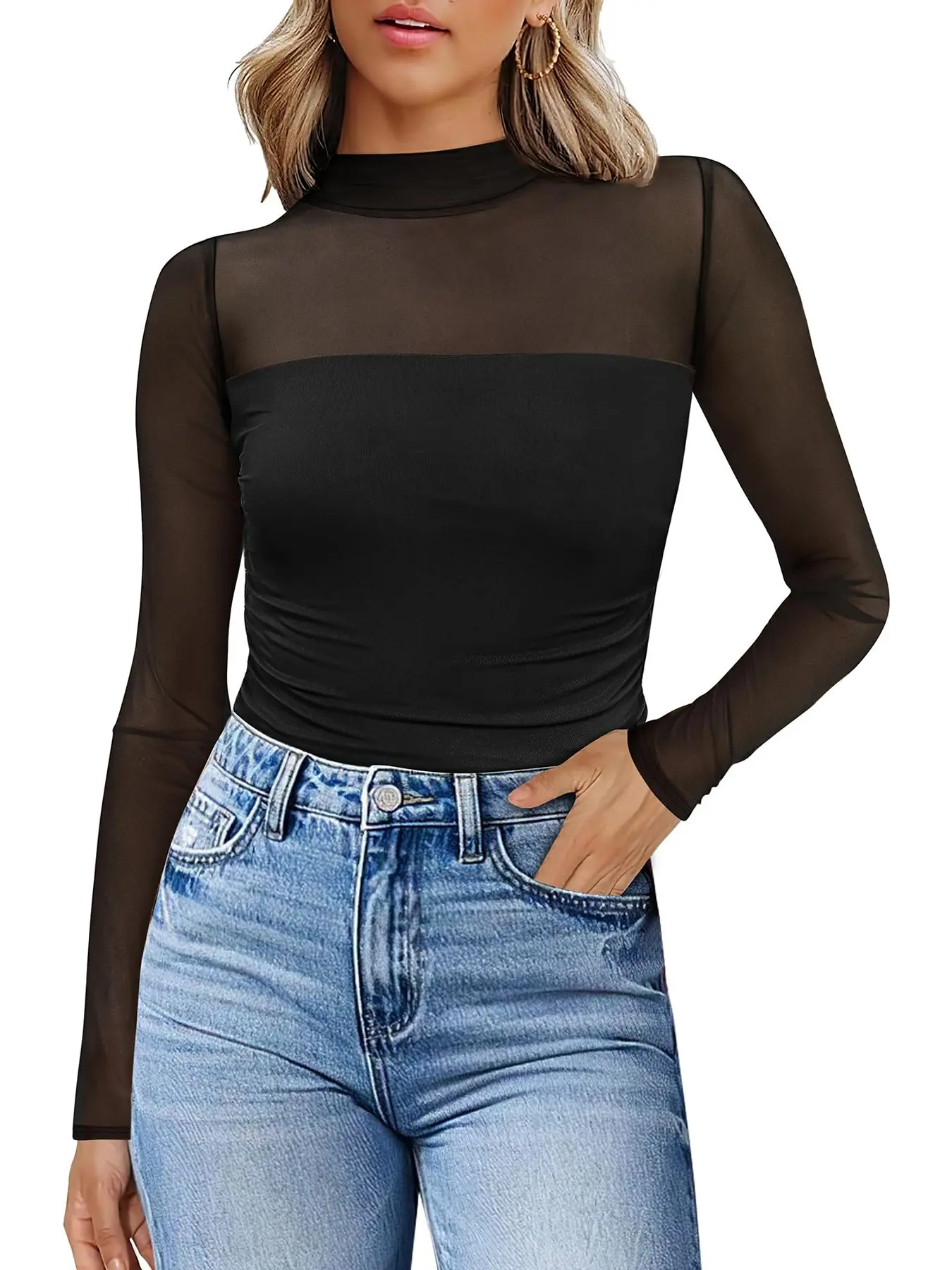 Women's Long Sleeve Bodysuit, Contour Turtle Neck Ruched Mesh Shapewear, Slim-Fit Casual Tops for All Seasons, Elegant Basic Tops,Premium Seamless Tops for Evening Wear & Trendy Outfits,holiday haul 2025,Christmas Gift Idea,Christmas outfit ideas