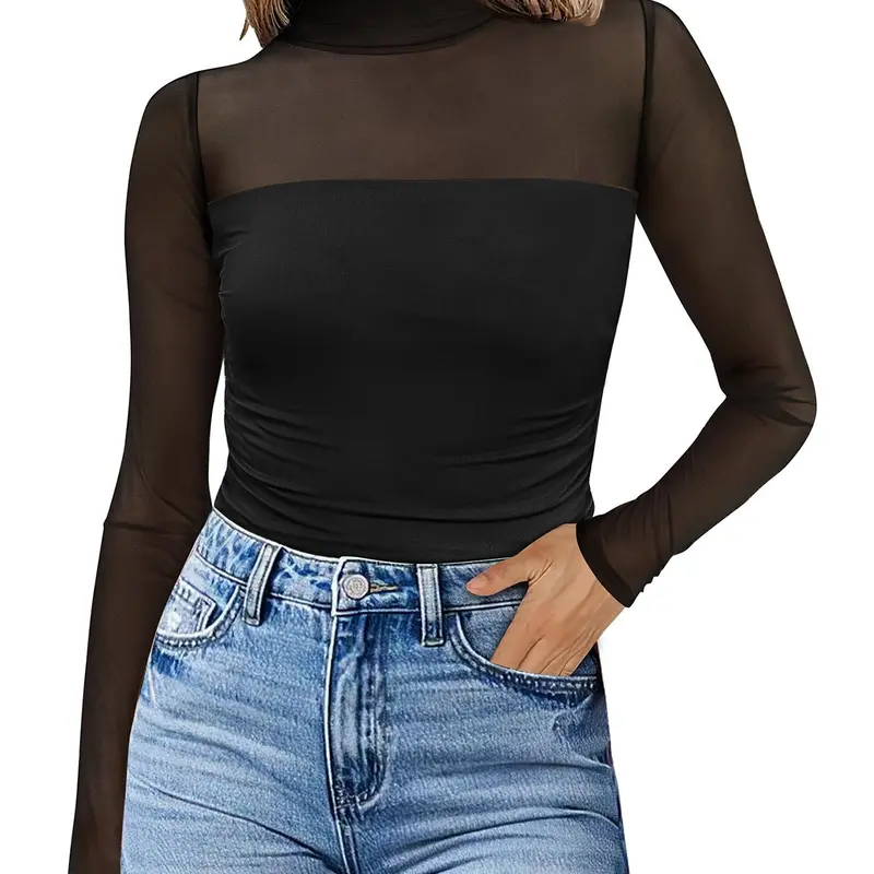 Women's Long Sleeve Bodysuit, Sheer Shapewear Bodysuit, Contour Turtle Neck Ruched Mesh Shapewear, Slim-Fit Casual Tops for All Seasons, Basic Tops, Seamless Tops for Evening Wear & Trendy Outfits, Christmas Gift Idea, Christmas outfit ideas