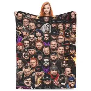 Cozy Legend Wrestler Full Cast Portrait Flannel Blanket, Soft Warm Vintage Wrestling Superstar Themed Flannel Throw for Couch, Office, Bed, Camping & Travel, Versatile All-Season Skin-friendly Lightweight Blanket Gift For Wrestling Fans Men Teens