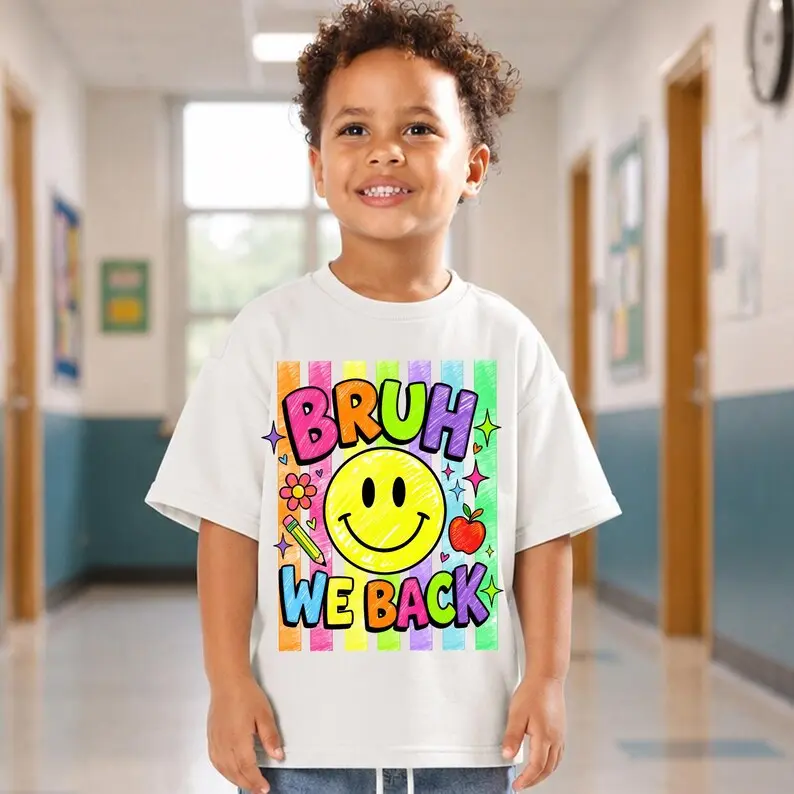 Back To School Shirt for for Boys and Girls, Youths Bruh We Back Tee, Funny School T-shirt, First Day Of School Top, Smiley Face Shirt, Fashionable Teen Boy Spring/Summer Top
