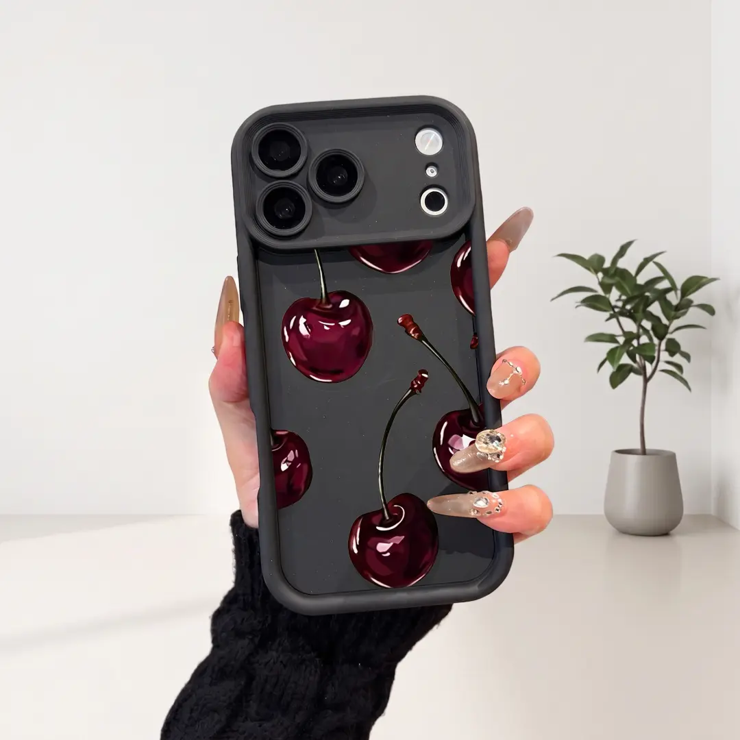 Glossy 3D Cherry Pattern TPU Soft Smartphone Case - Shockproof, Anti-Slip, Anti-Fingerprint Diamond Sand Cover for iPhone 17/16/15/14/13/12/11 Pro Max Plus, Cute Fruit Style Cellphone Casing Accessories
