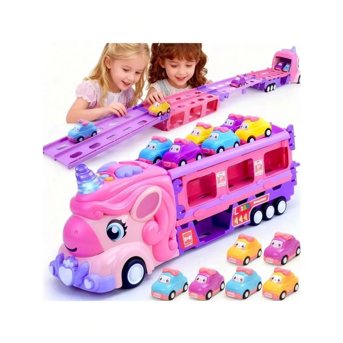 Unicorn Truck Toy For Girls, Pink Unicorn Car Carrier Truck With Race Track, Friction Powered Transport Truck Toy With 6 Mini Cars, Sound & Light Effects, Ideal Gift For Kids