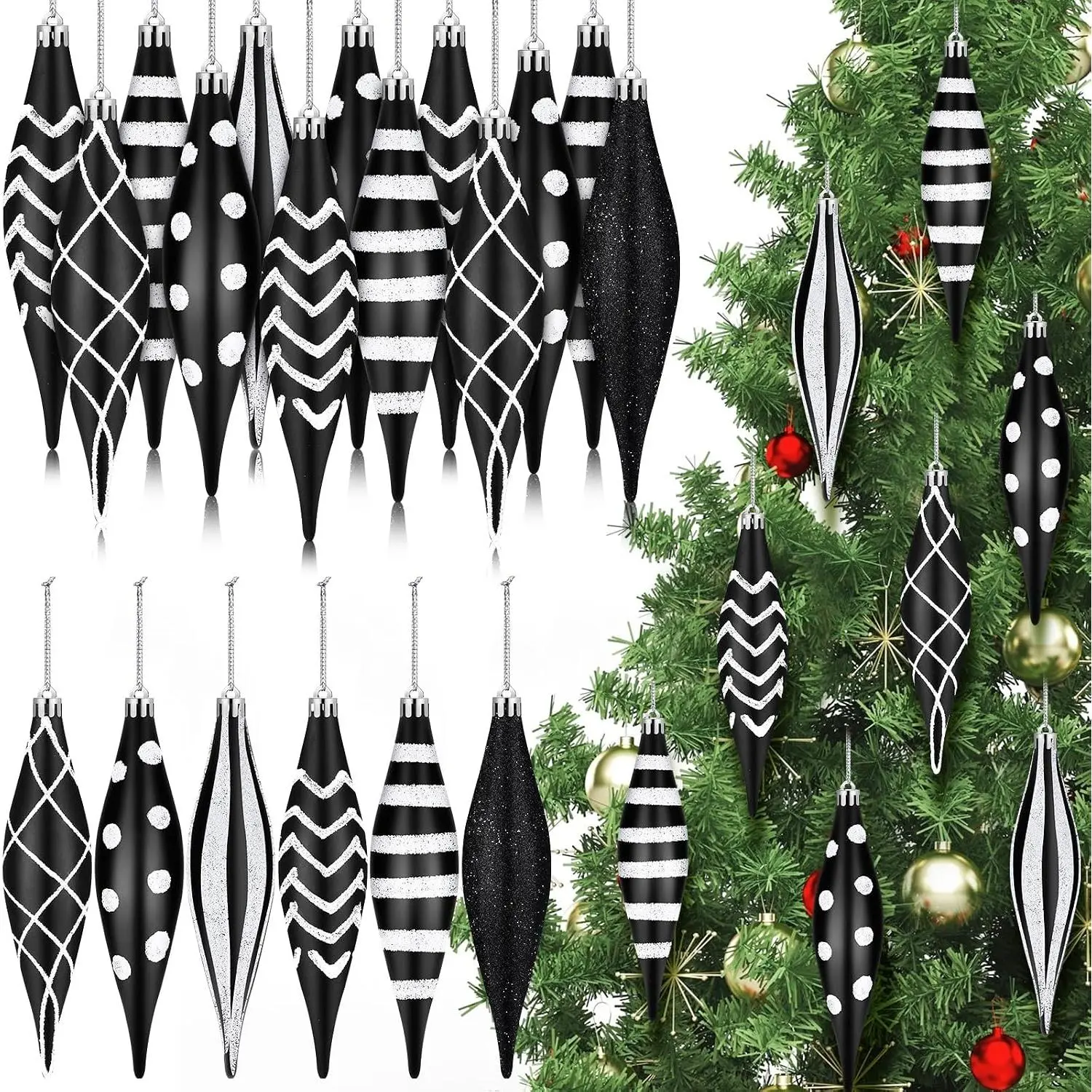 12 count  Finial Drop Christmas Ornaments 6.3 inch Xmas Plastic Droplet Stripe Dot Matte Glitter  Ball for Christmas Tree Party Decoration Supplies