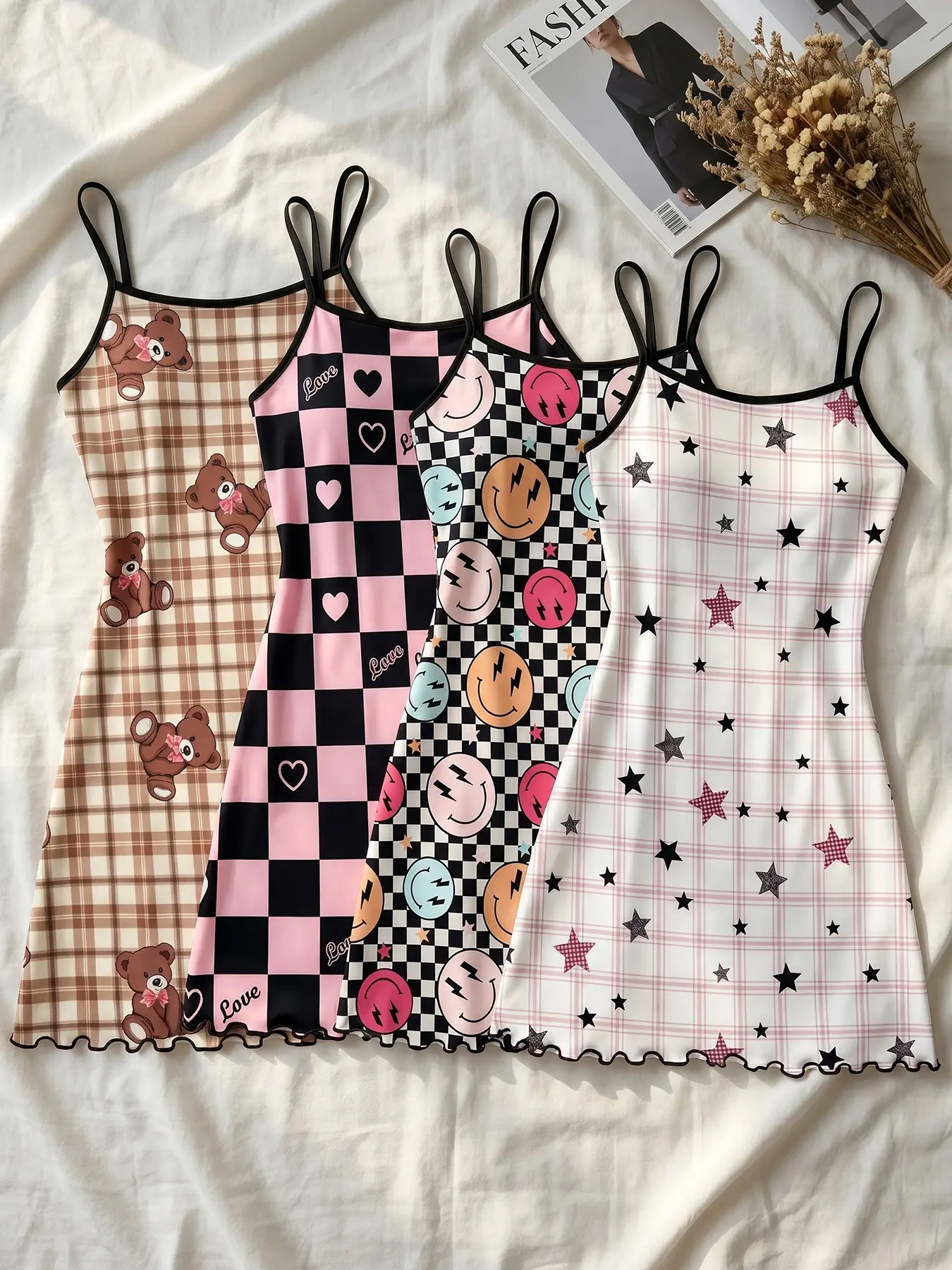 Women's 4 Pack Cami Nightgowns, Spring Summer Wear, Versatile Multi Style Plaid Checkered Print Ruffle Hem, Practical Style, Casual Sleepwear for Home & Daily Wear