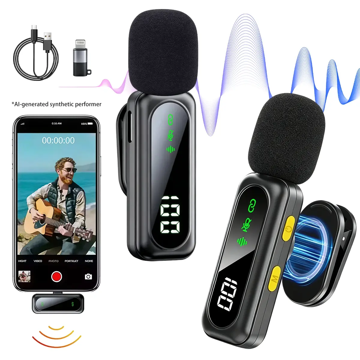 Wireless Lavalier Microphones, Dual Wireless Mic for IPhone Android, 2 Pack Clip on Microphone with Noise Cancellation, 20m Transmission, Vlog Recording, TikTok & YouTube Creator