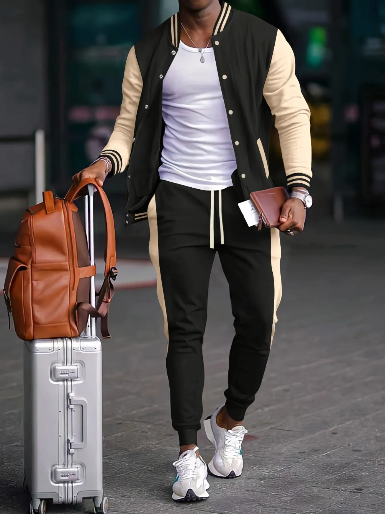 Men's Two-Piece Set, Spring & Fall Sports Suit, Colorblock Baseball Jacket + Drawstring Sweatpants, Loose-Fit Casual Wear, Multiple Colors Available