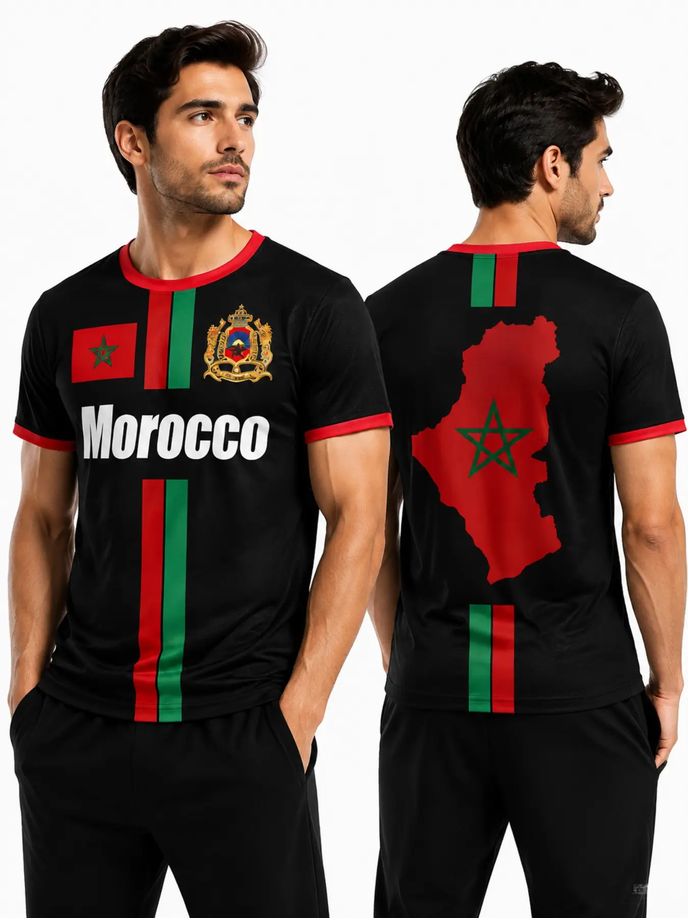 Morocco Flag Map Print Short Sleeve T-Shirt, Quick-Dry Sports Tee, Casual Loose-Fit, All-Over Print, Unisex Fan Gear