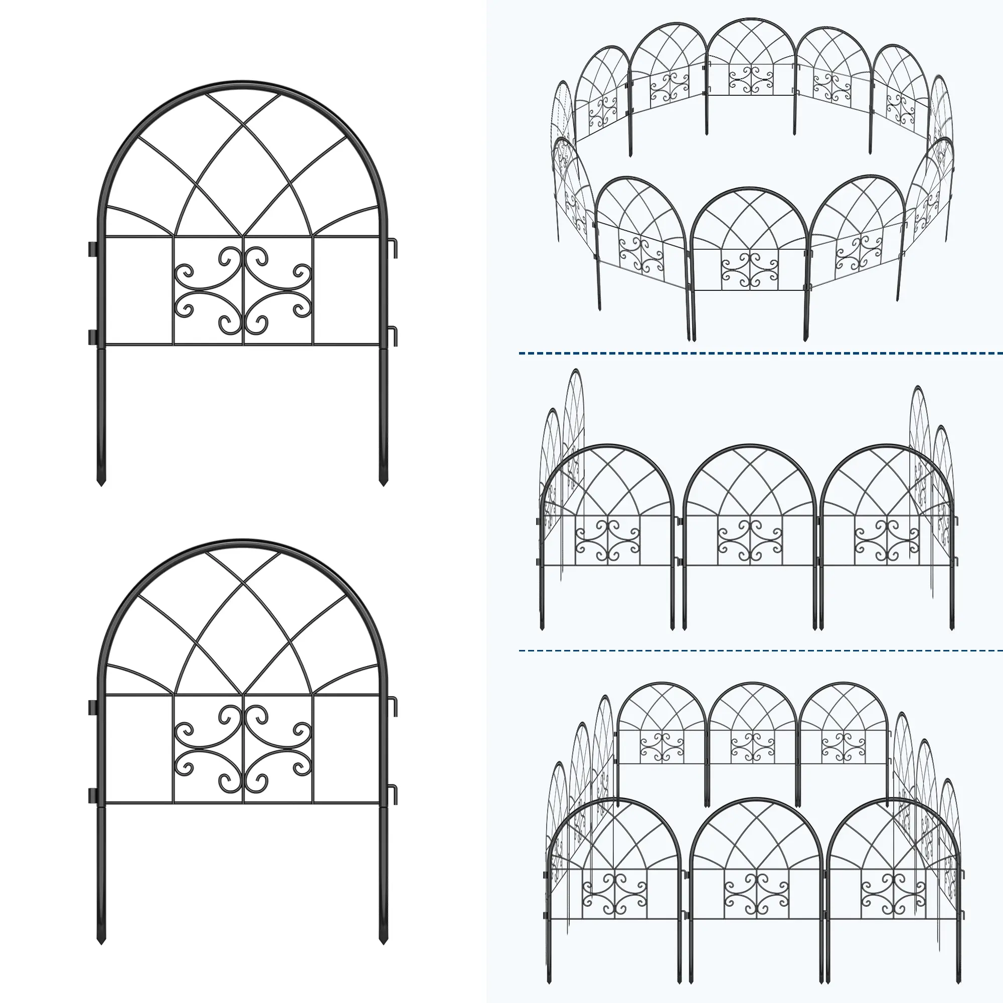 No Dig Metal Garden Fence Panels – Decorative Rustproof Animal & Pet Barrier – Easy Install, Outdoor Yard & Flower Bed Edging – 4/8 Pack, Black