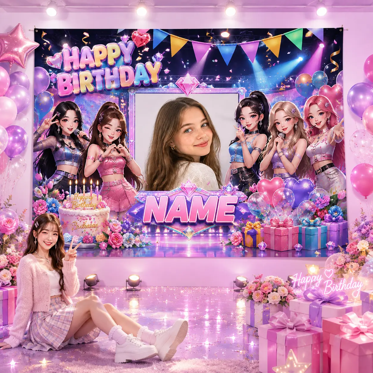 Customizable Pink-Purple Pop Music Birthday Backdrop, Personalized Name Photo Banner for Girl Group Stages, Sparkle Party Decor for Girls Teens