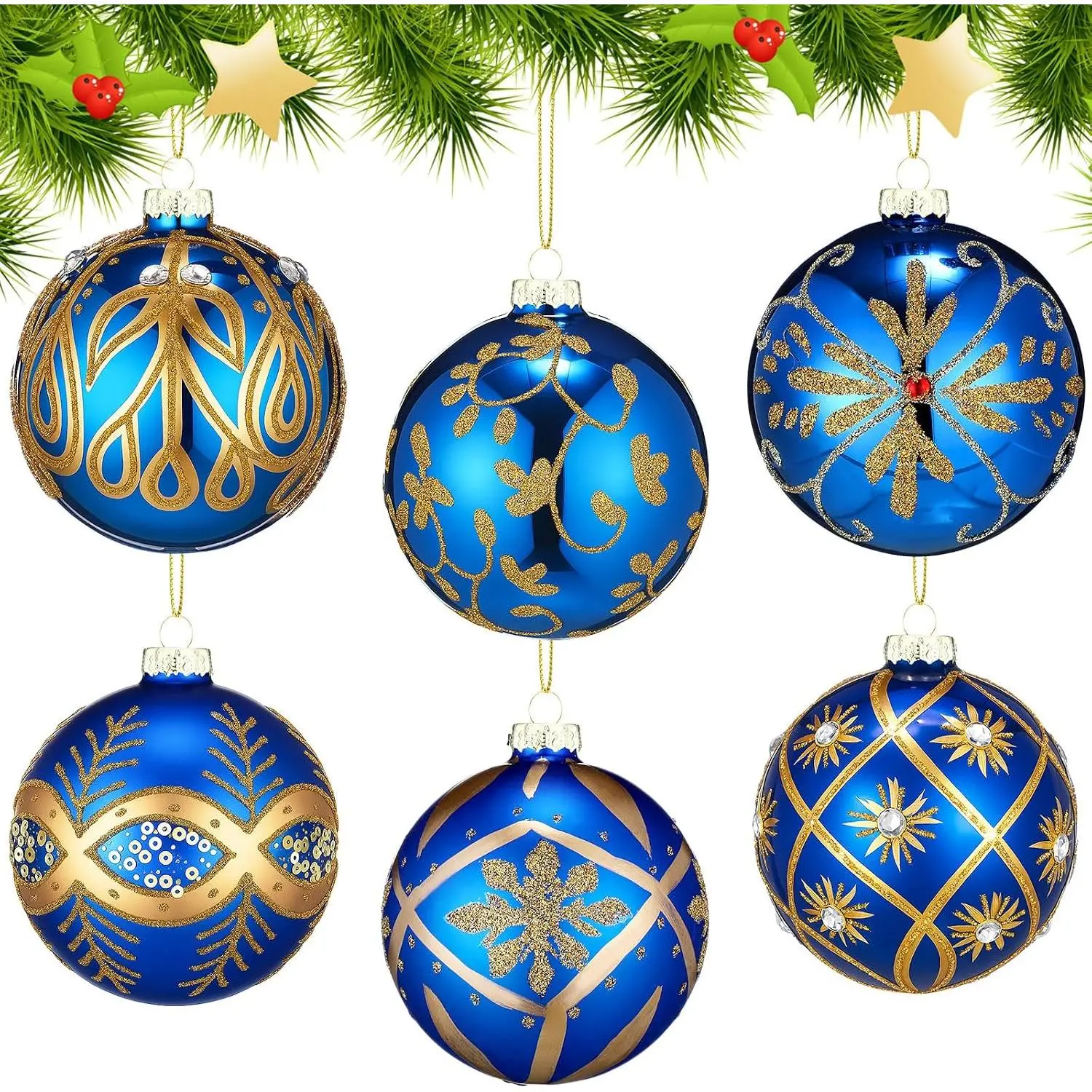 6 count 3.15 Inch Glass Luxury Christmas Ball Blue and  Ball Ornaments Glass Christmas Tree Decorations Luxury  Ornaments for Xmas Tree Party Holiday Decor
