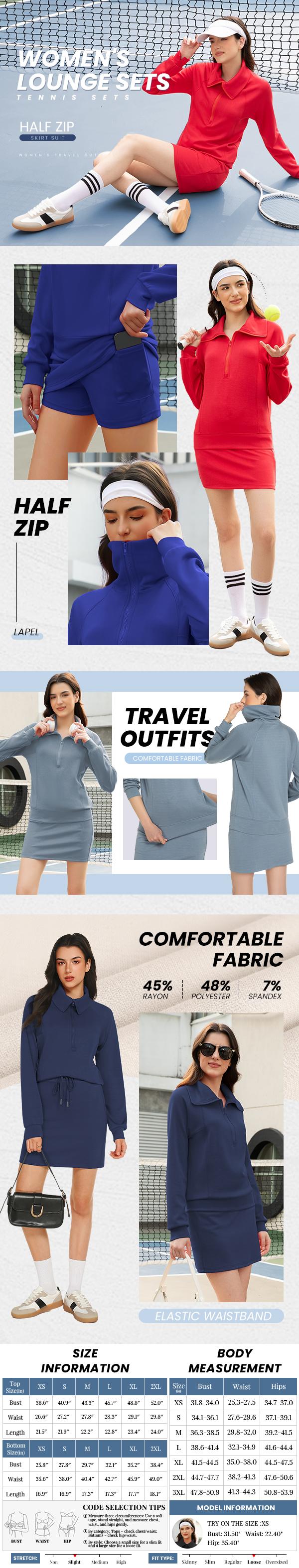 Casly Lamiit 2 Piece Sets for Women Long Sleeve Casual Tennis Skorts Sweatshirts Half Zip Matching Lounge Tracksuit Outfits Athleisure Style Fall Season Soft Fabric Stand Collar #Springfresh