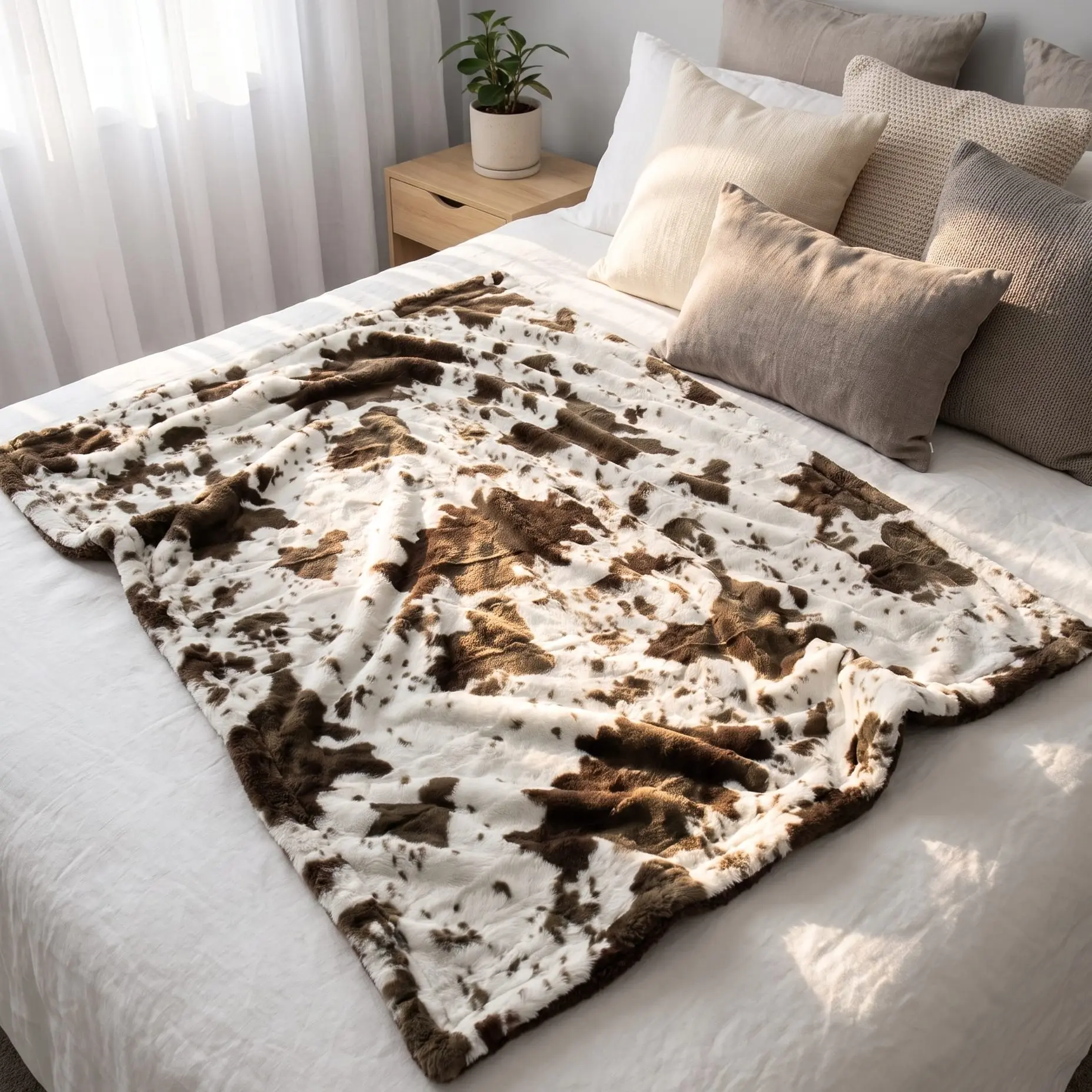 Cow Print Sherpa Throw Blanket, Super Soft Warm Throw, Reversible Faux Fur, 50x60 Inch for Couch Sofa Bed, Farmhouse Home Decor, All Seasons, Gift Idea, Cream Brown