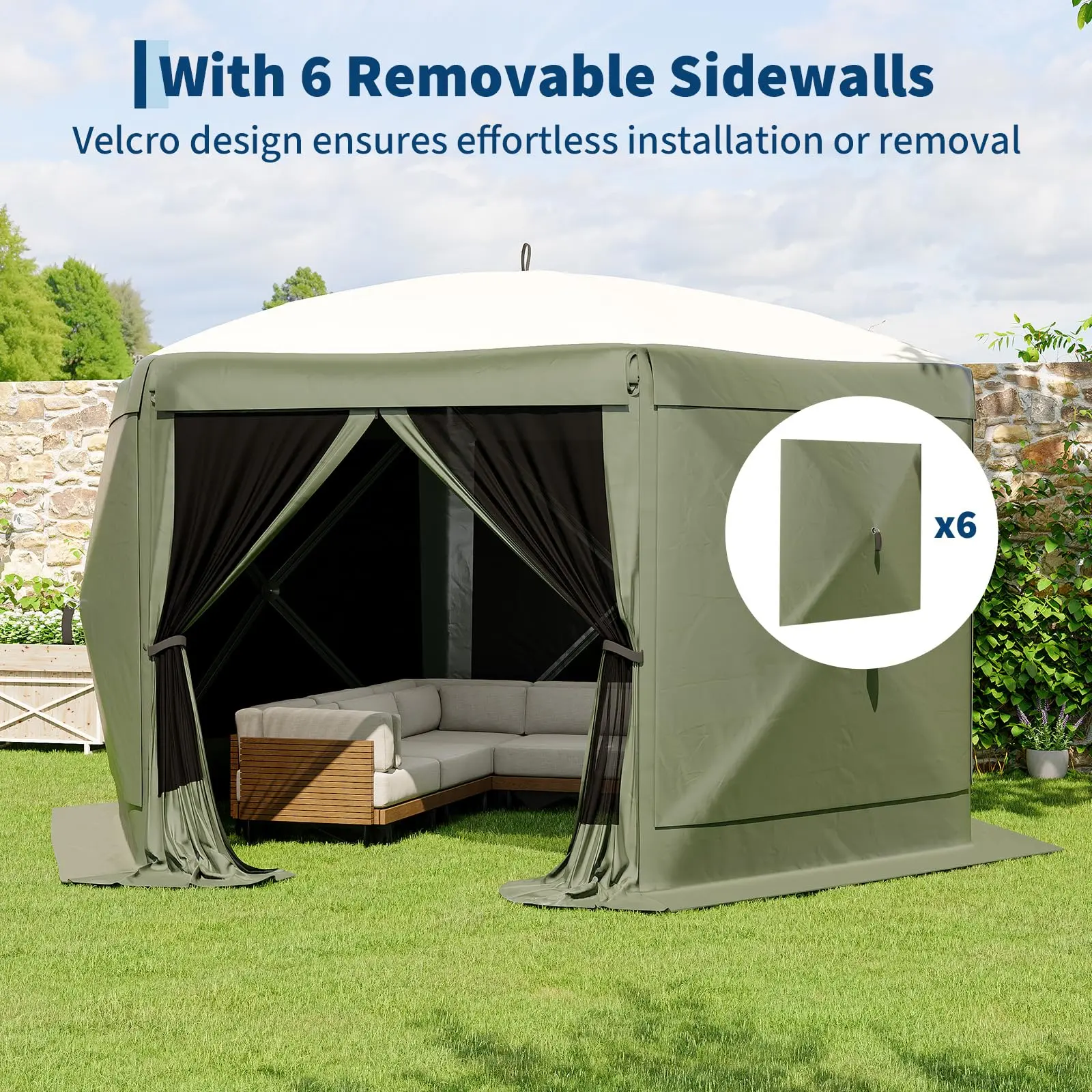 Garvee 13x13 ft Pop-Up Screen Gazebo Canopy Tent, One-Push Quick Setup, 6-Sided Canopy, Full Mesh Mosquito Netting, 2 Doors & 6 Removable Wind Panels - Green
