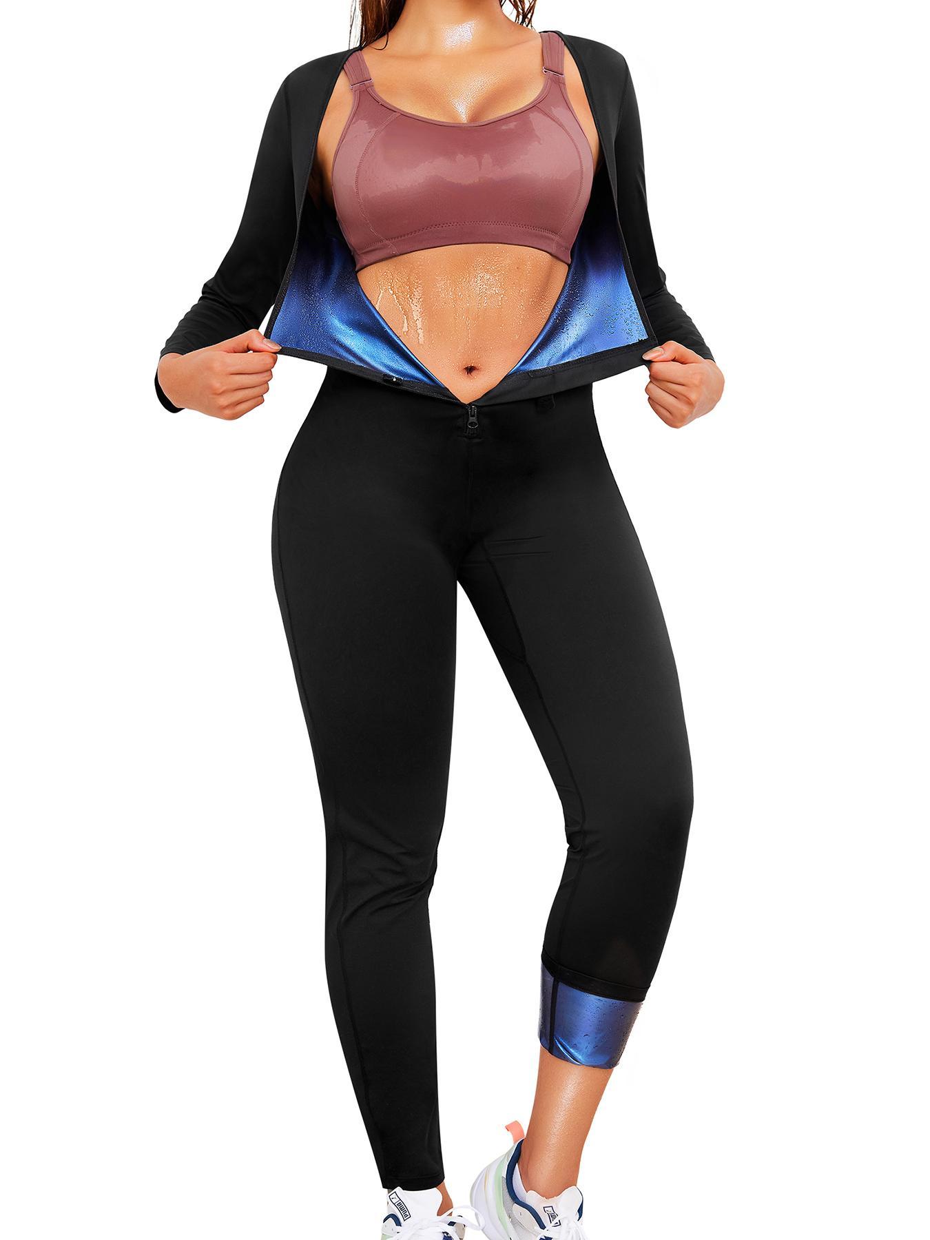 Women's Solid Zip Up Sauna Sports Jumpsuit, Sporty Long Sleeve Square Neck Jumpsuit for Yoga Gym Workout, Ladies Sportswear Stretchable Activewear for All Seasons, Gym Workout Clothes