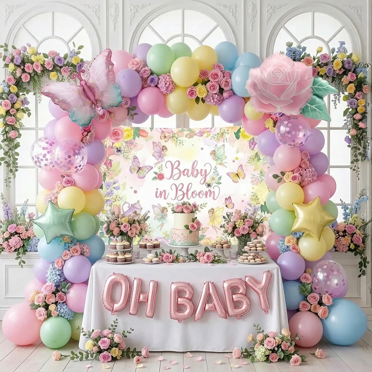 Modern Synthetic Thick Smooth Pastel Spring Floral Party Decor Kit - Balloon Decor (Macaron Arch, Butterfly & Rose Foil Balloons), Backdrop Photo Supplies, Welcome Signs for Outdoor Garden Mother's Day, Women's Birthday