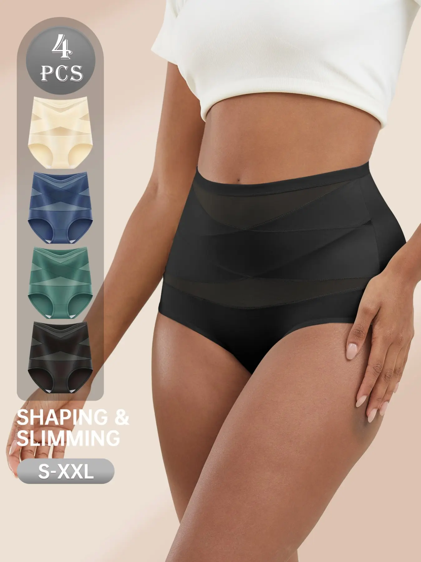 High-Waisted Shapewear Triangle Panties, Dual-Layer Cross-Over Waist, Breathable Mesh, Seamless, Sizes S-Xxl, Slimming & Tummy Control