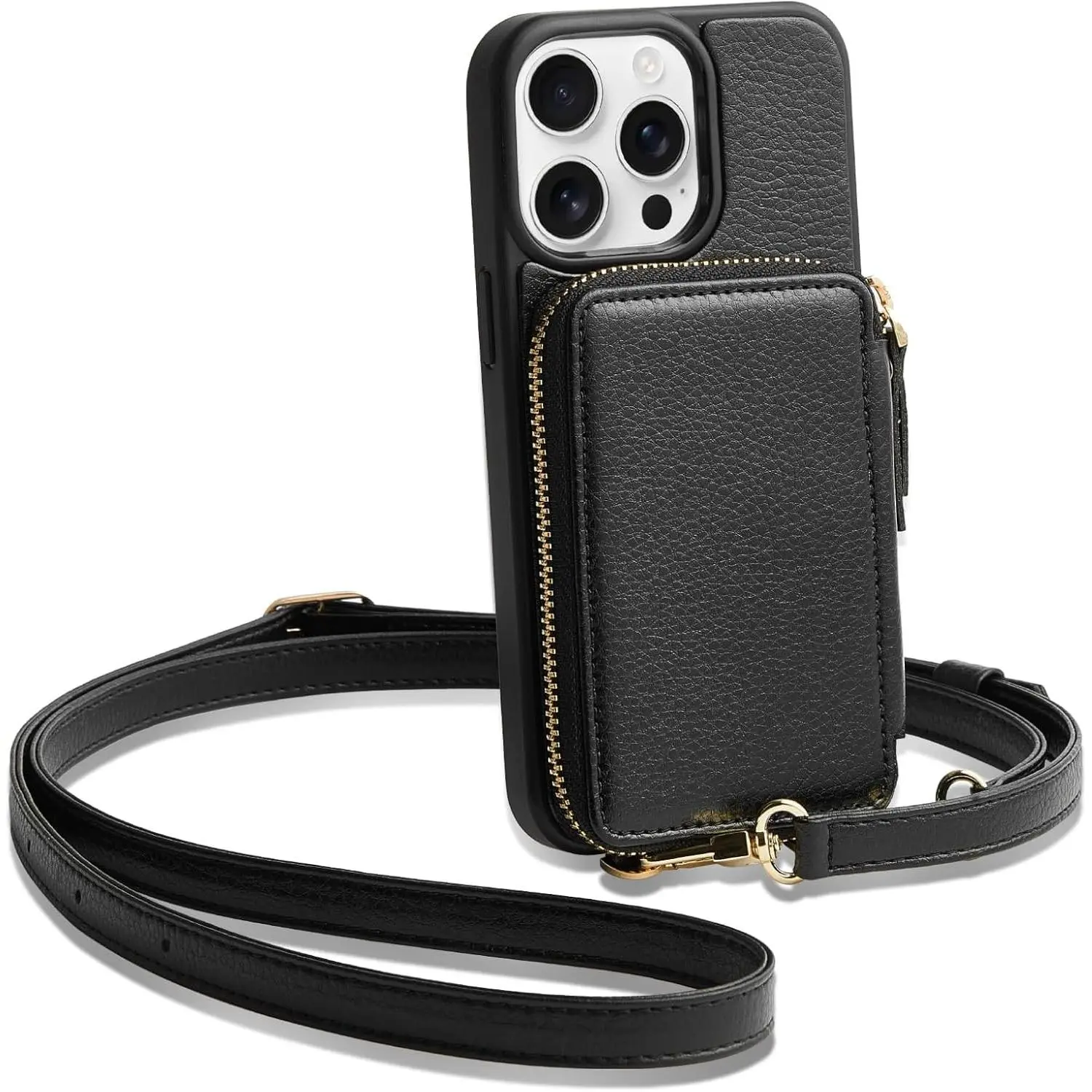 Wallet Case for iPhone 15 Pro 6.1 inch, Crossbody Phone Purse with Card Holder for Women, Zipper Leather RFID Blocking Carrying Cover with Wrist Strap - Black