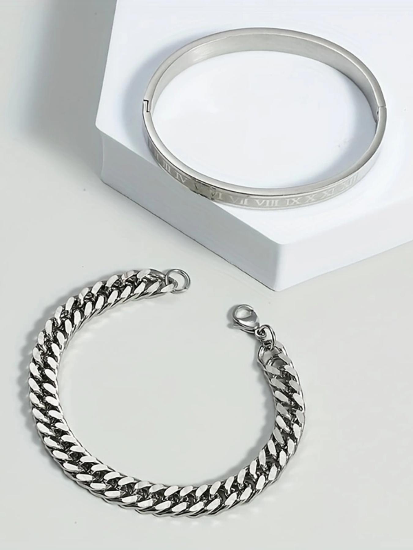 2counts/set Men's Summer Plain Stainless Steel Link Chain Bracelet & Roman Numerals Design Bangle, Stainless Steel Jewelry for Birthday Gift, Fashion Bracelets