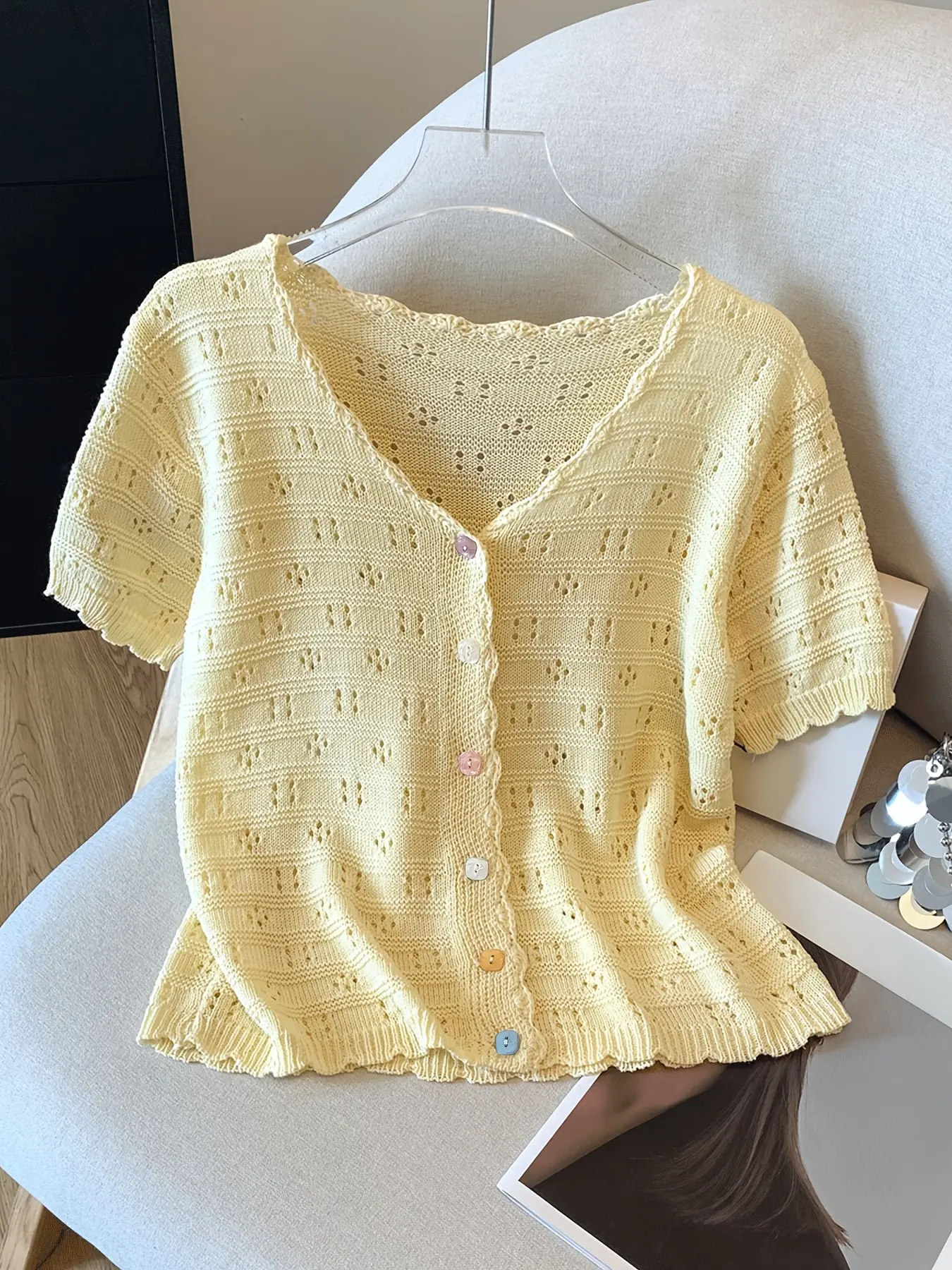 Women Hollow Out Knit Cardigan V Neck Scalloped Edge Short Sleeve Colorful Buttons Cropped Knitted Top Summer Casual Loose Knit Shirts Breathable Lightweight Knitwear, Womenswear