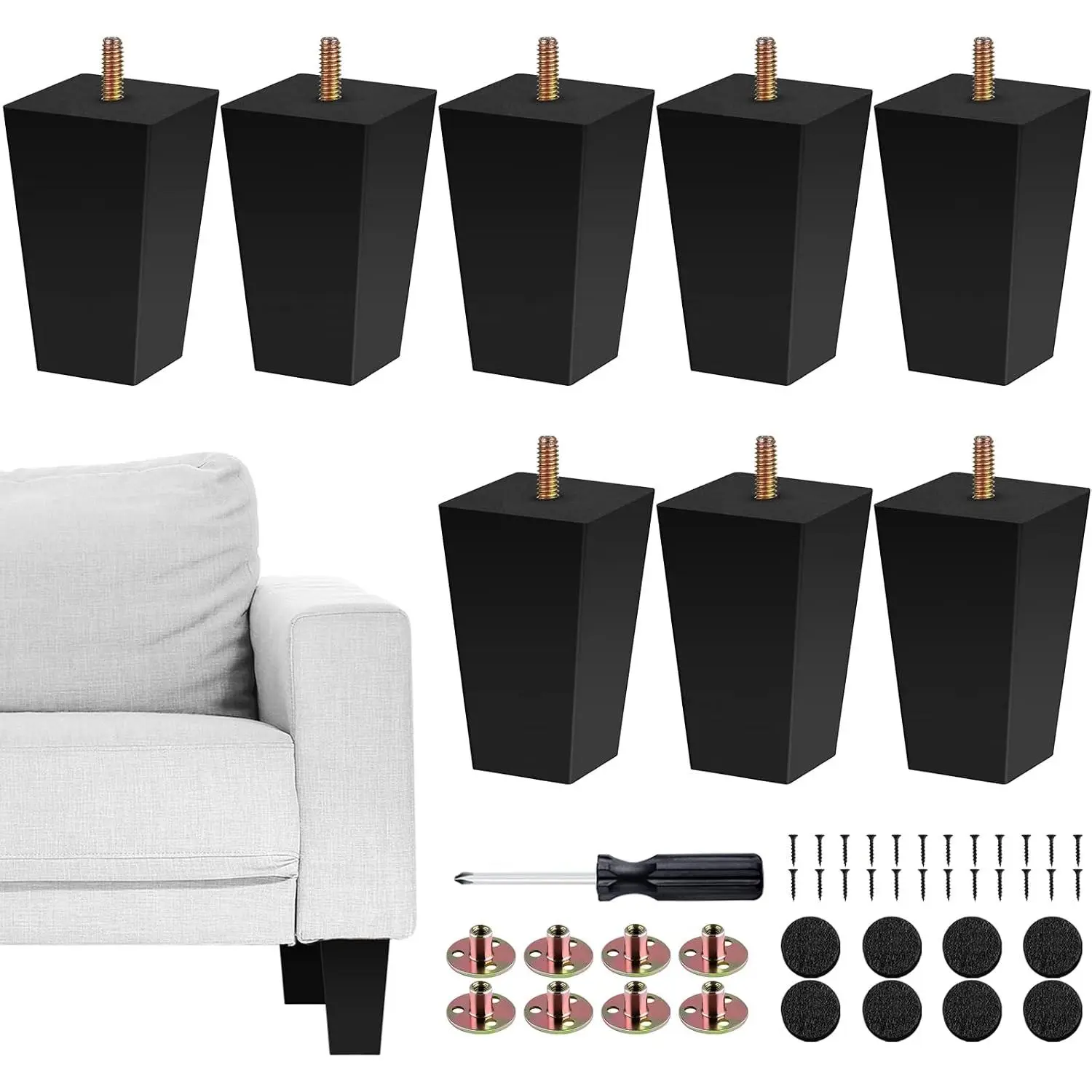 8-piece furniture leg set, 4inch square solid wood sofa legs, replacement sofa legs, suitable for mid-century style furniture, suitable for armchairs, beds, dressers, cabinets, includes installation accessories, black