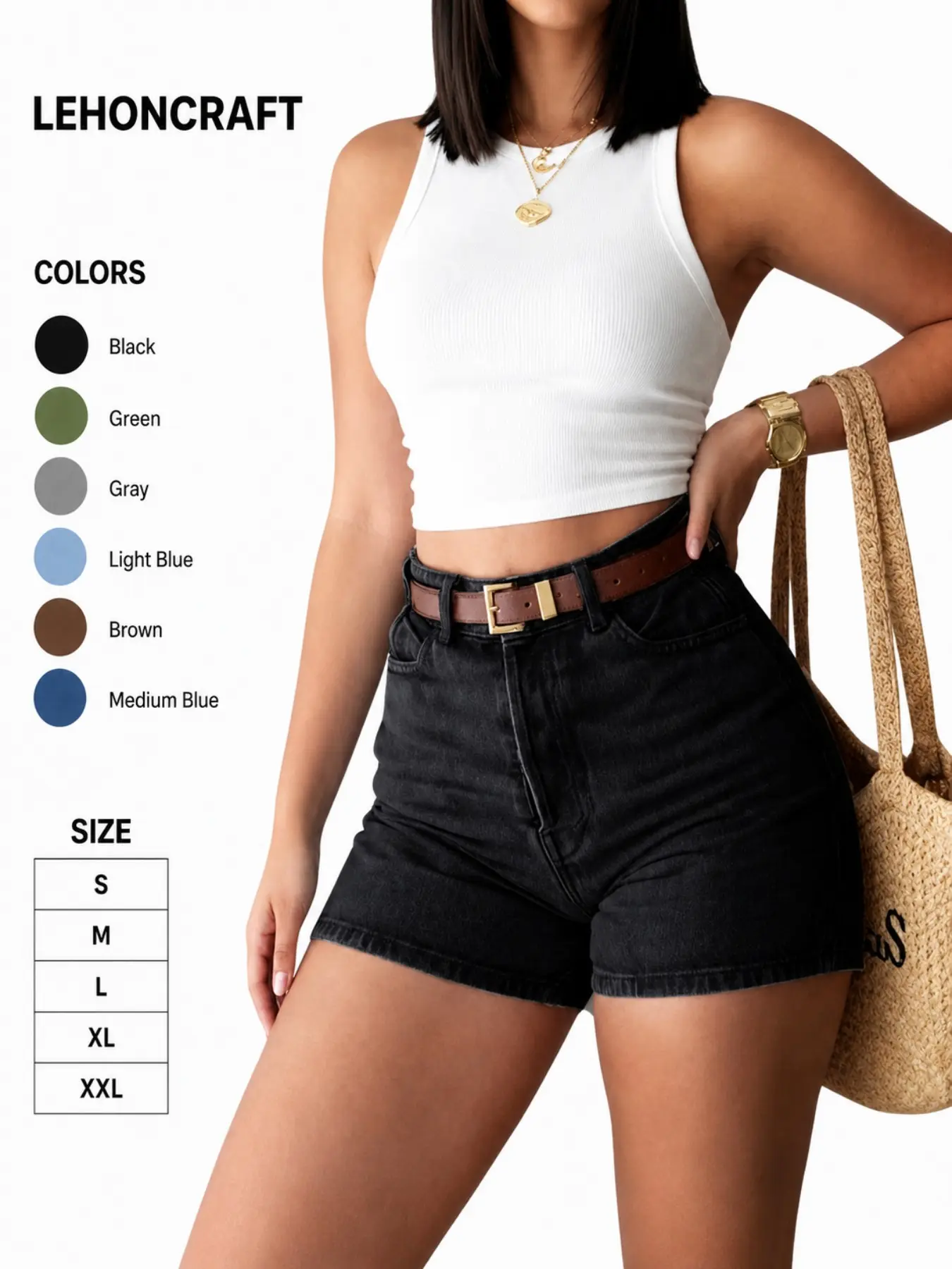 Women's Elastic Denim Casual Trouser Shorts, High-Waisted Basic Fit, Light Blue Washed, Elegant Summer Style for Everyday, Home, Office, Casual Outing