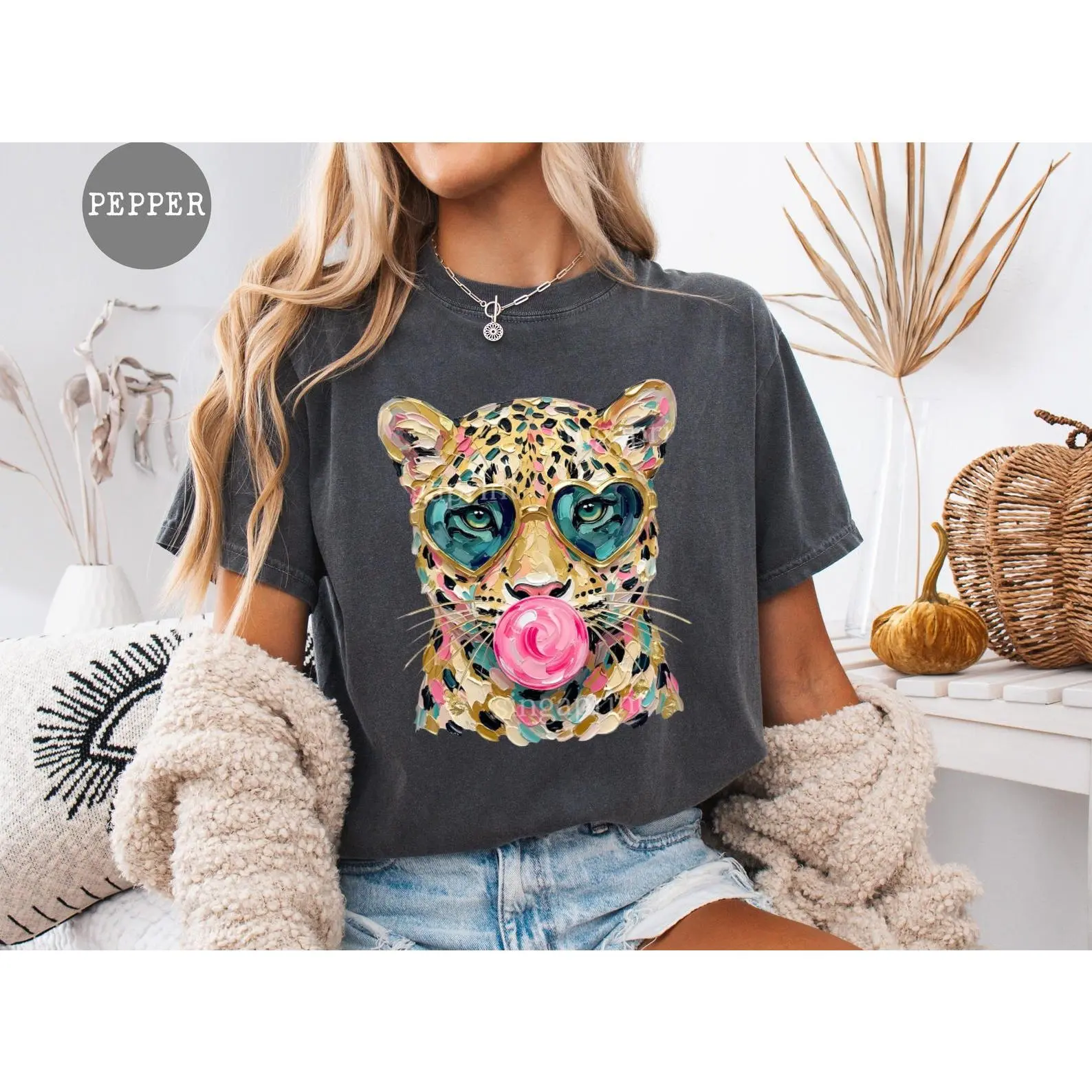 100% Non-Washed Cotton Women Round Neck Tee Colorful Leopard Heart Sunglasses Bubble Gum Art Graphic Loose Tee For Daily Shopping Coffee Date Trendy Gift For Wild Animal Print Fashion Girls