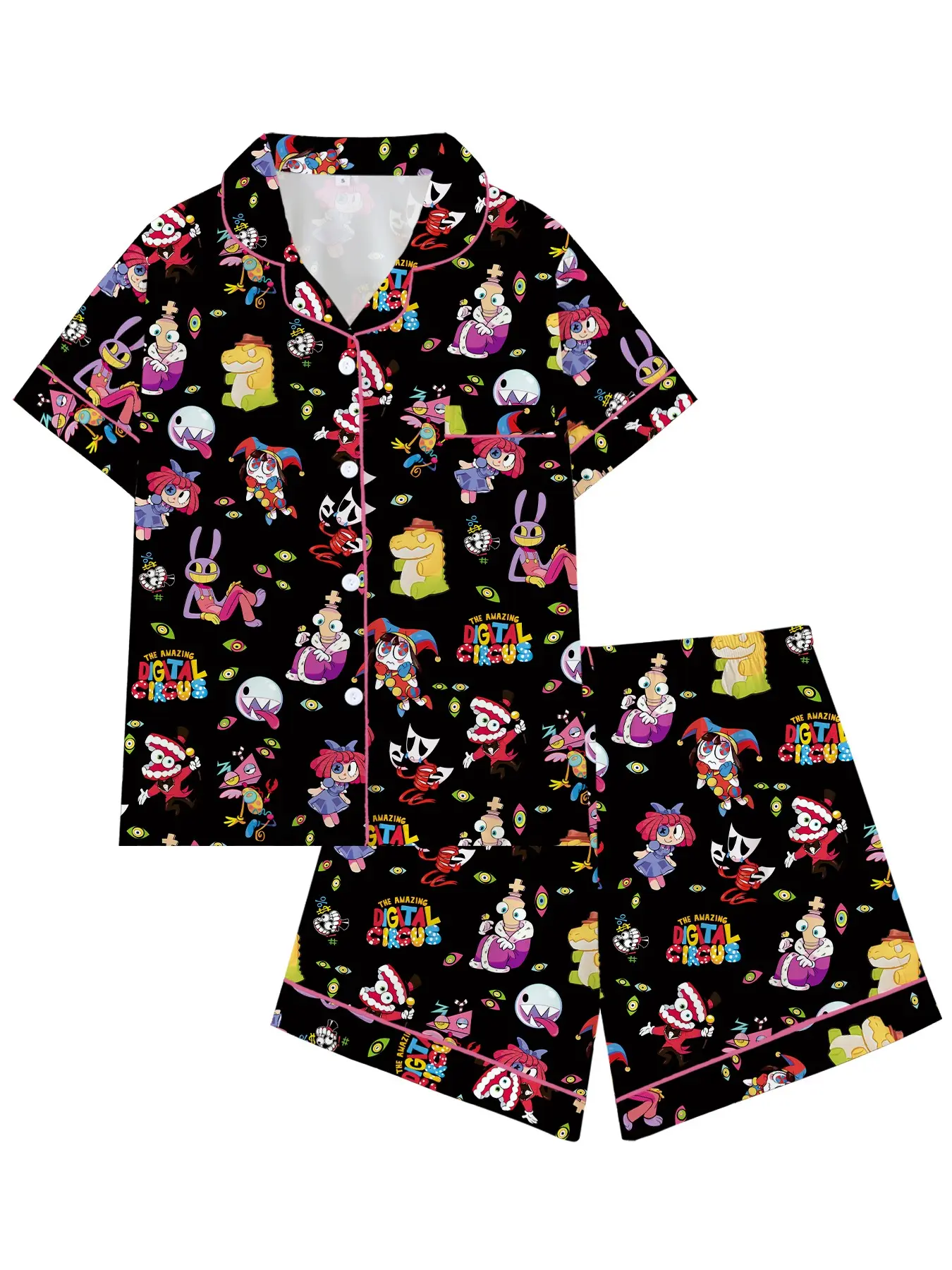 Clown Game Cartoon Character Lapel Short Sleeve Pajama Set, Comfortable Sleepwear for Home and Outdoors, Perfect Gift for Relaxing Nights