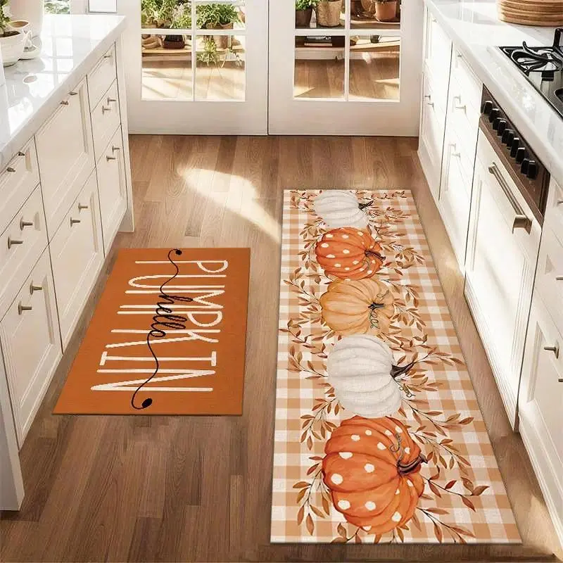 2Pcs Autumn Abstract Pumpkin Orange Grid Floor Mat Set Farmhouse Kitchen Floor Rugs Dining Room Flooring Laundry Room Decor Carpet Mat