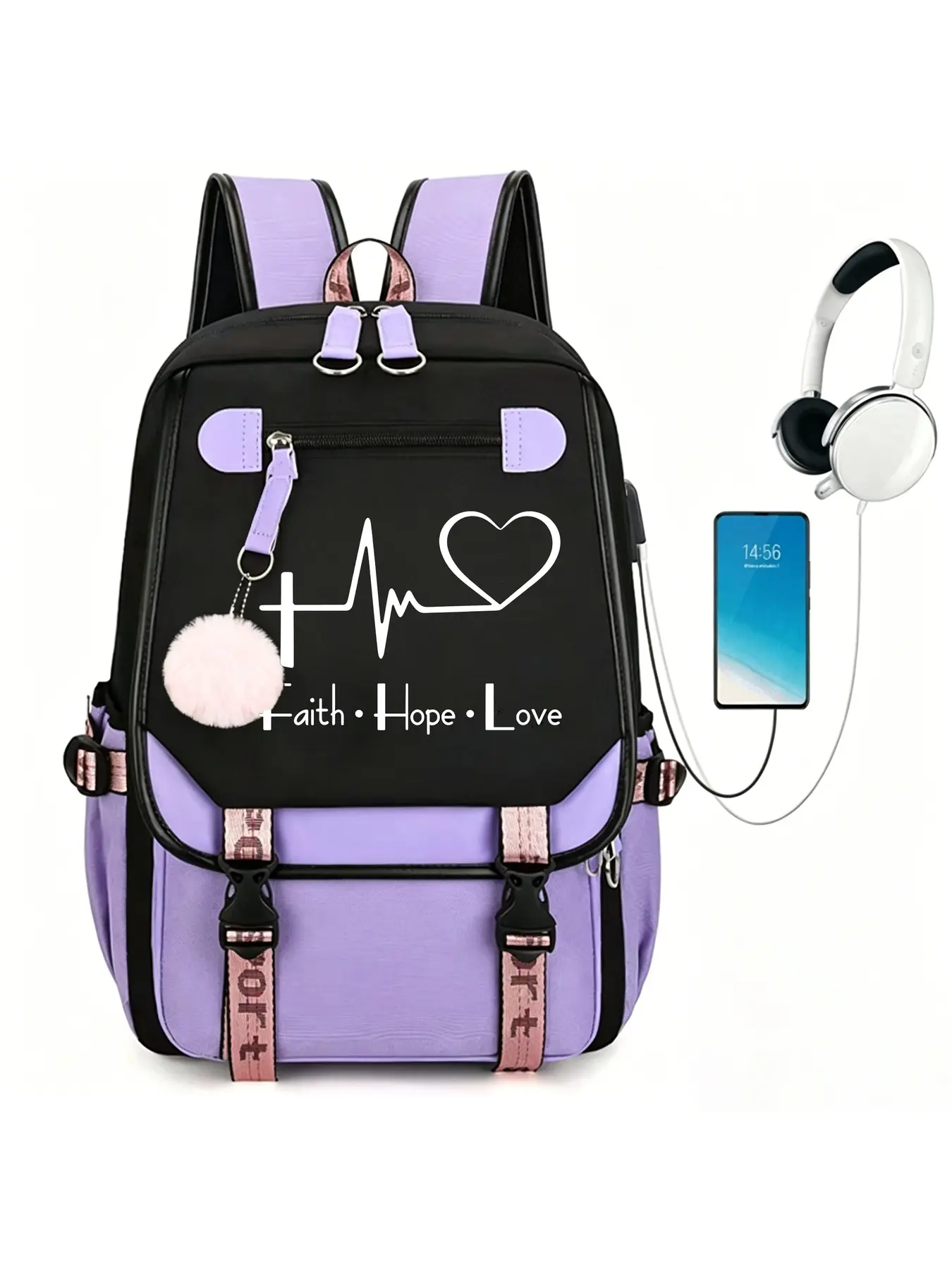 Faith Hope Love Heartbeat Print Girls Backpack Pink Black Large Capacity School Bookbag With USB Charging & Headphone Port Pom pom Pendant Aesthetic Student Backpack For Teen Girls Back To School Travel Gift