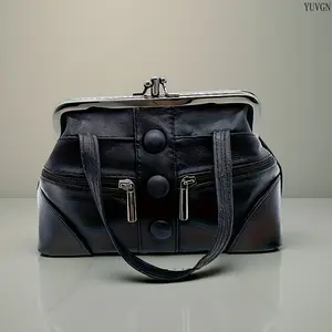Vintage Kisslock Mini Handheld Bag - Button Decor, Dual-Side Zipper, Top Handle Casual Daily Small Shoulder Bag for Sports & Outdoor Gym Use, Kisslock Bag
