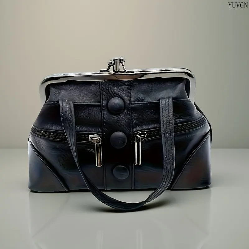 Vintage Kisslock Mini Handheld Bag - Button Decor, Dual-Side Zipper, Top Handle Casual Daily Small Shoulder Bag for Sports & Outdoor Gym Use, Kisslock Bag