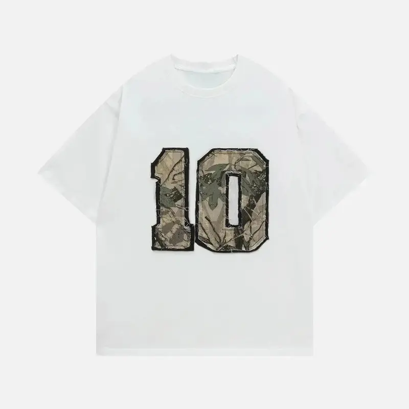 Women's Aelfric Eden 10-Patch Oversized Camo Cotton Round Neck Short-Sleeve Top, Unisex Streetwear Casual T-Shirt with Number Graphic, Breathable Fabric, Shortsleeve, Classic, Streetwear For Women, Digital Print, Camouflage Style, Number Patch, Camo Numbe
