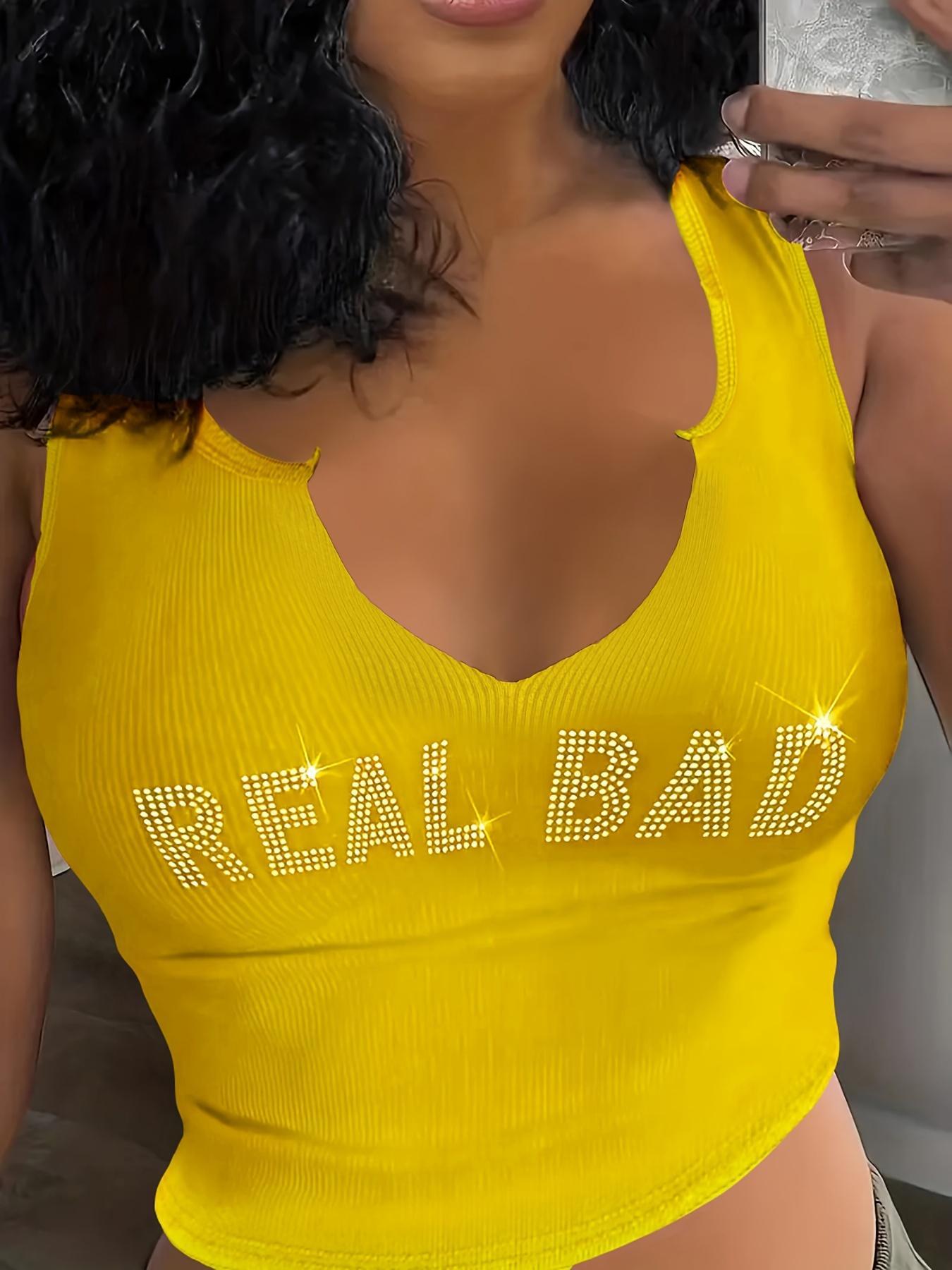 Women's Rhinestone Real Bad Letter Decor Notched Neck Crop Fitted Tank Top, Girly Clothes, Slim, Summer Clothes Women, Casual 2000s Y2k Skinny Streetwear Sleeveless Top, Summer Tops 2025, Downtown Girl Clothes