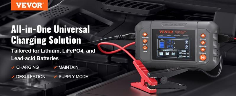 VEVOR Smart Battery Charger, 20-Amp, Lithium LiFePO4 Lead-Acid (AGM / Gel / SLA) Car Battery Charger with LCD, Trickle Charger Maintainer Desulfator for Boat Motorcycle Lawn Mower Deep Cycle